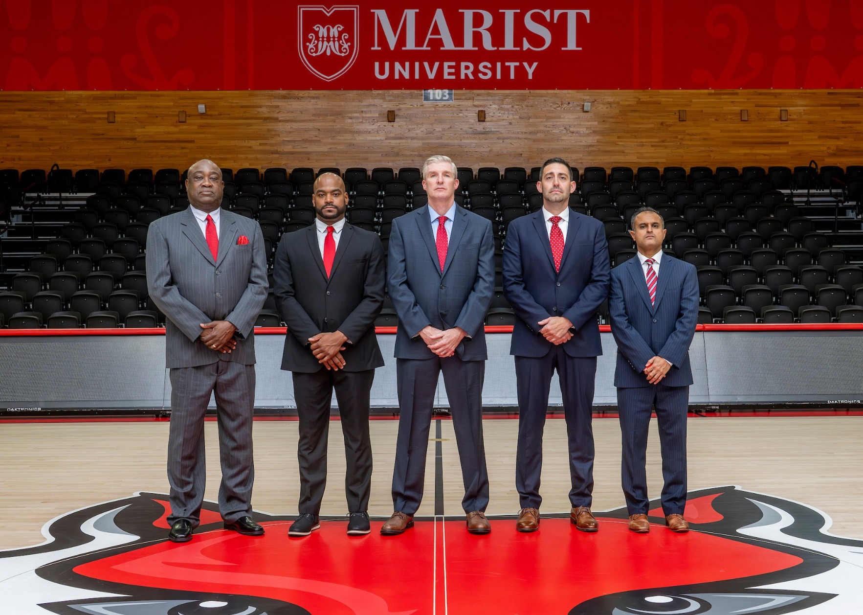 2025-26 men's basketball coaches (L-R): Curtis Wilson, Brandon Hall, John Dunne, Dan Bozzelli, Dalip Bhatia