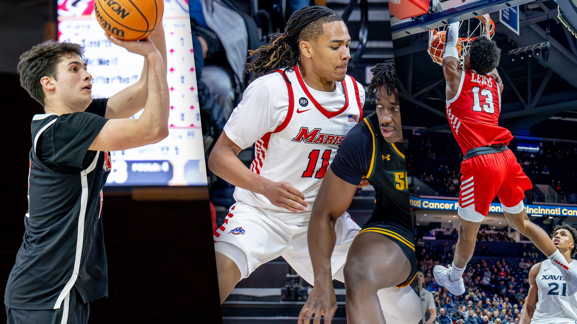 Justin Menard, Jaden Daughtry, Elijah Lewis - men's basketball 2026 All-MAAC honorees