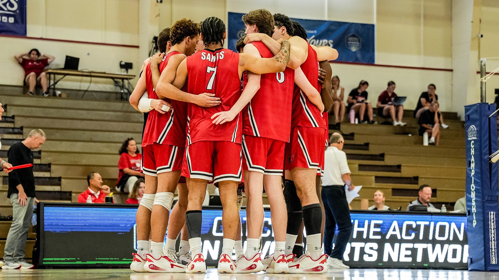 Men's volleyball group huddle 2026 GLVC Tournament