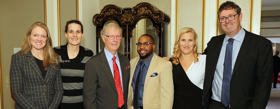 (L to R): Amber Allen (soccer), Shauna Forster (volleyball), Robert Dubeau (builder), Denburk Reid (basketball), Robin Ruggiero (swimming), Paul Brousseau (basketball) [PHOTO: OWEN EGAN]