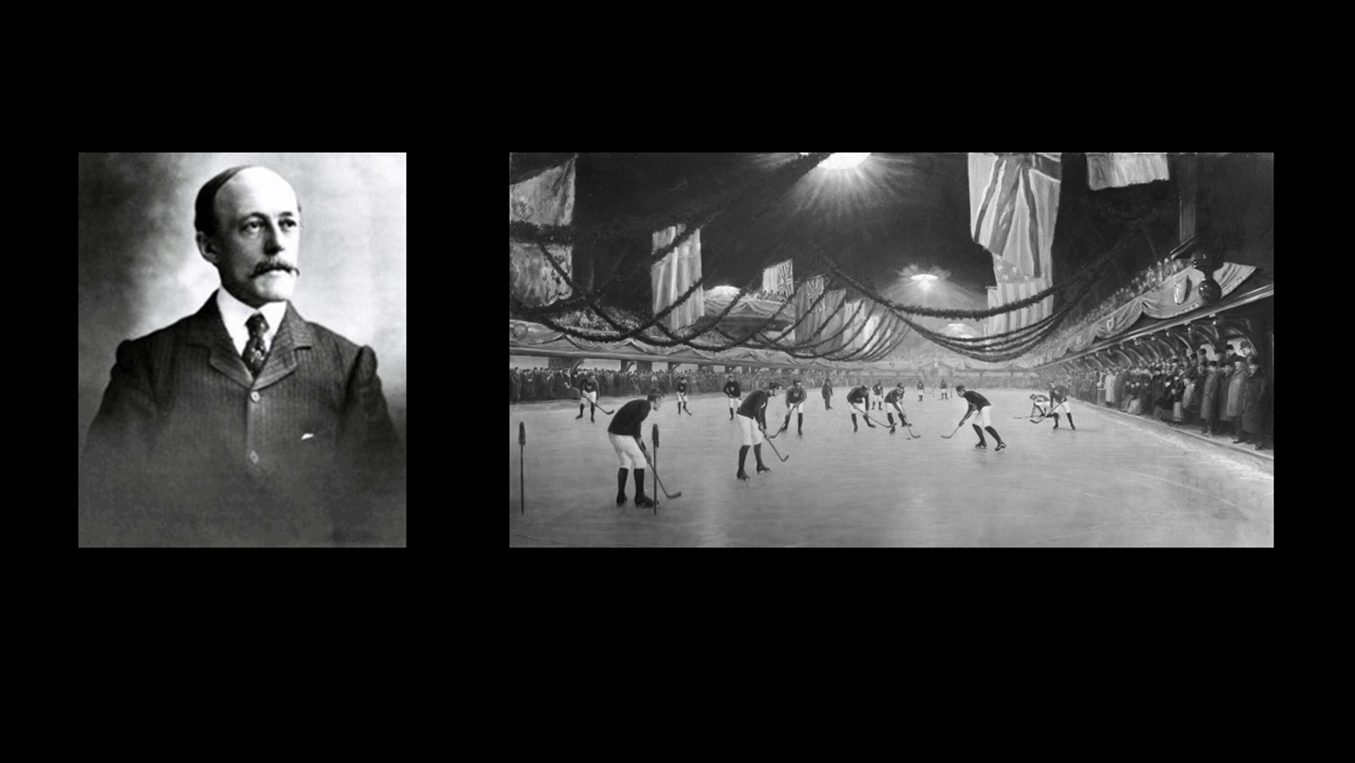 James Creighton (L) and 1893 Stanley Cup game at Victoria Rink (Notman Archives)
