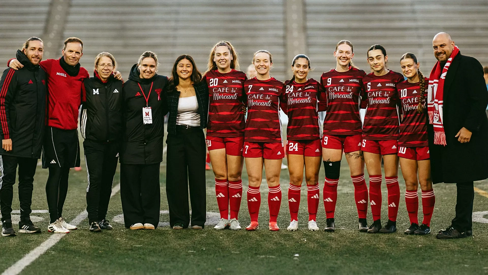 SENIORS SENDOFF (L to R): Assistant coaches Vincent Tuffier, Donovan Artu and Kelsey Wilson, along with graduating seniors Arianne Lavoie (20), Elisabeth Pronovost (7), Aaliyah Kamdar (24), Alexandra Hughes-Goyette (9), Giselle De Leon (5), Chloe Renaud (10) and head coach Jose Valdes (far right)