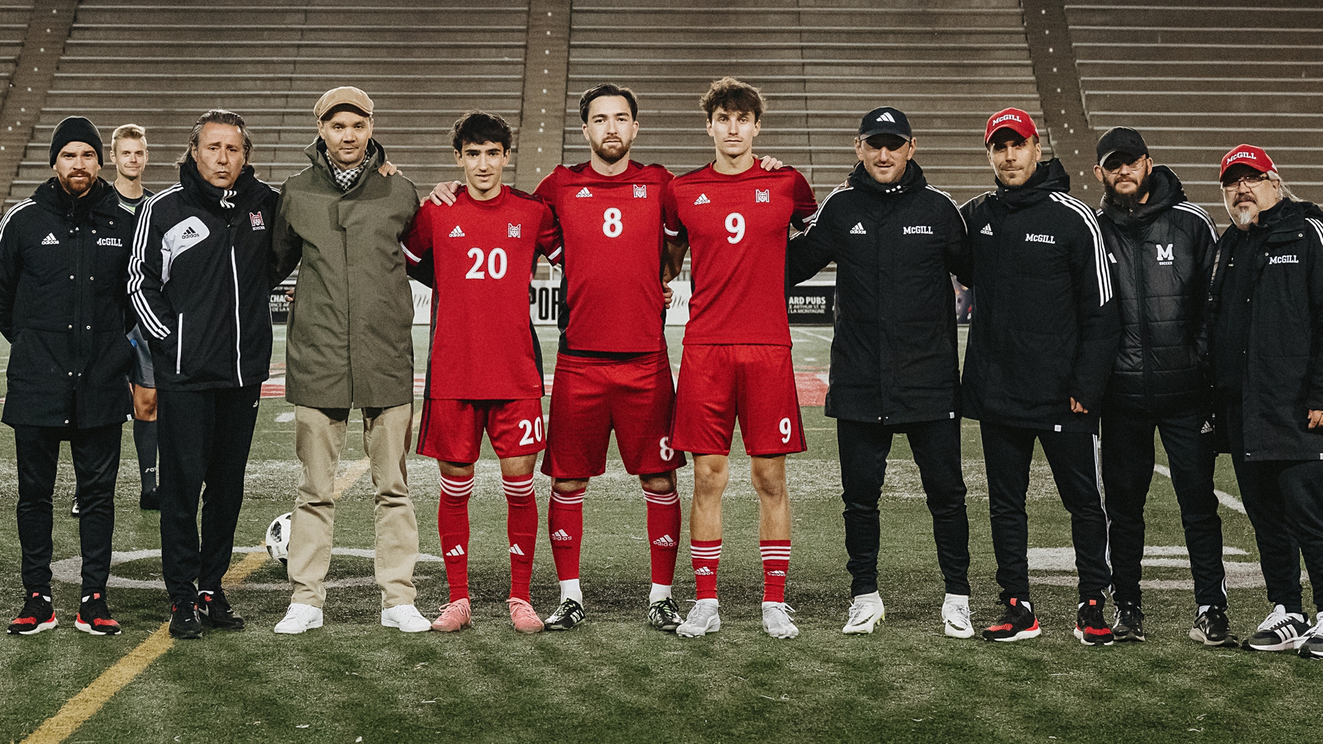SENIORS SOIREE: McGill bench boss Marc Mounicot (second on the left) and his coaching staff honour graduating seniors Esteban Roy (20), Luke Manara-Berryman (8) and Luke Rosettani (9).
