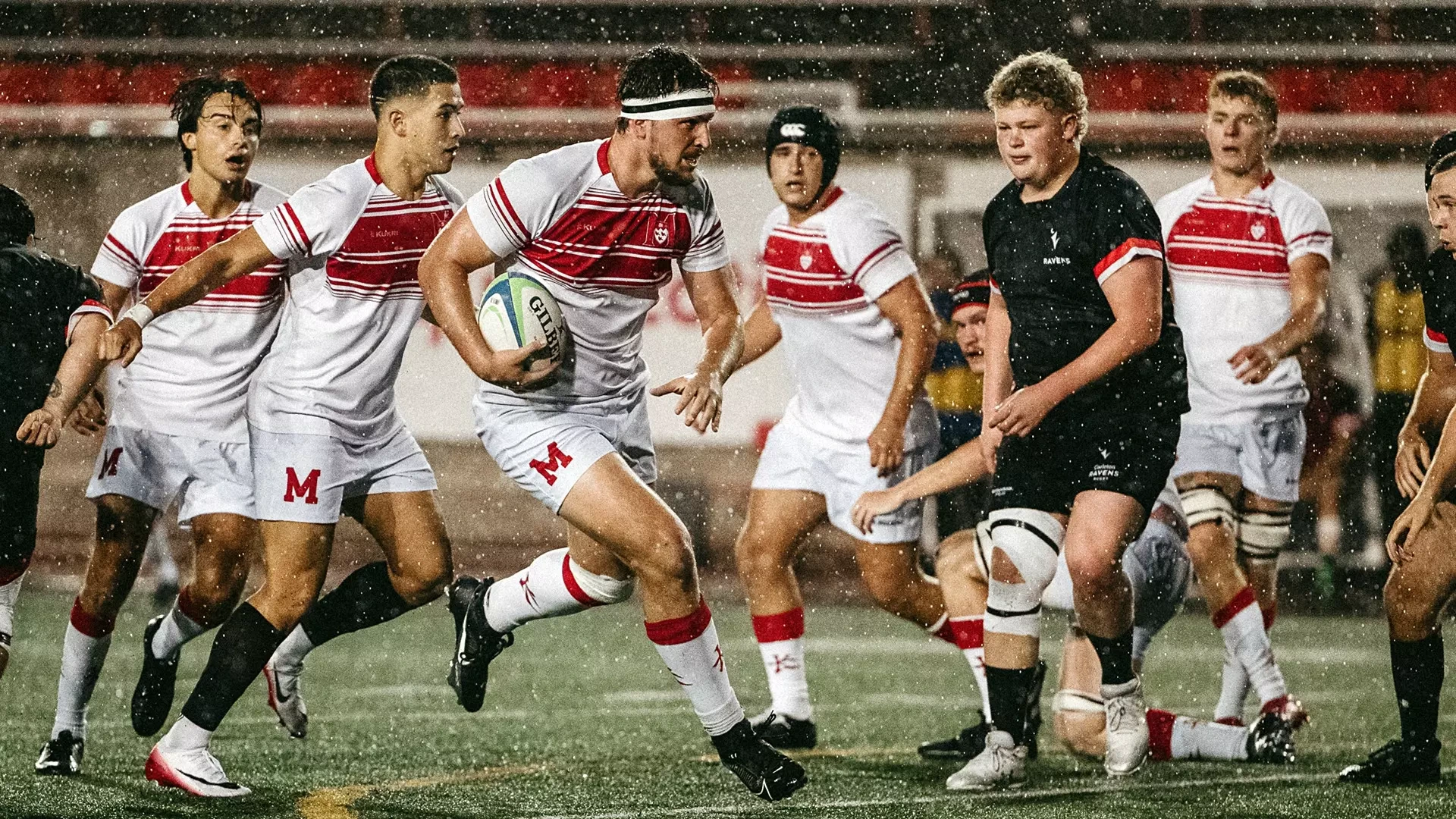 McGill Rugby players (L to R):  Nic Vicente, Martin Laval, Brad Hunger, Lennon Lazare and Chaz Grenier