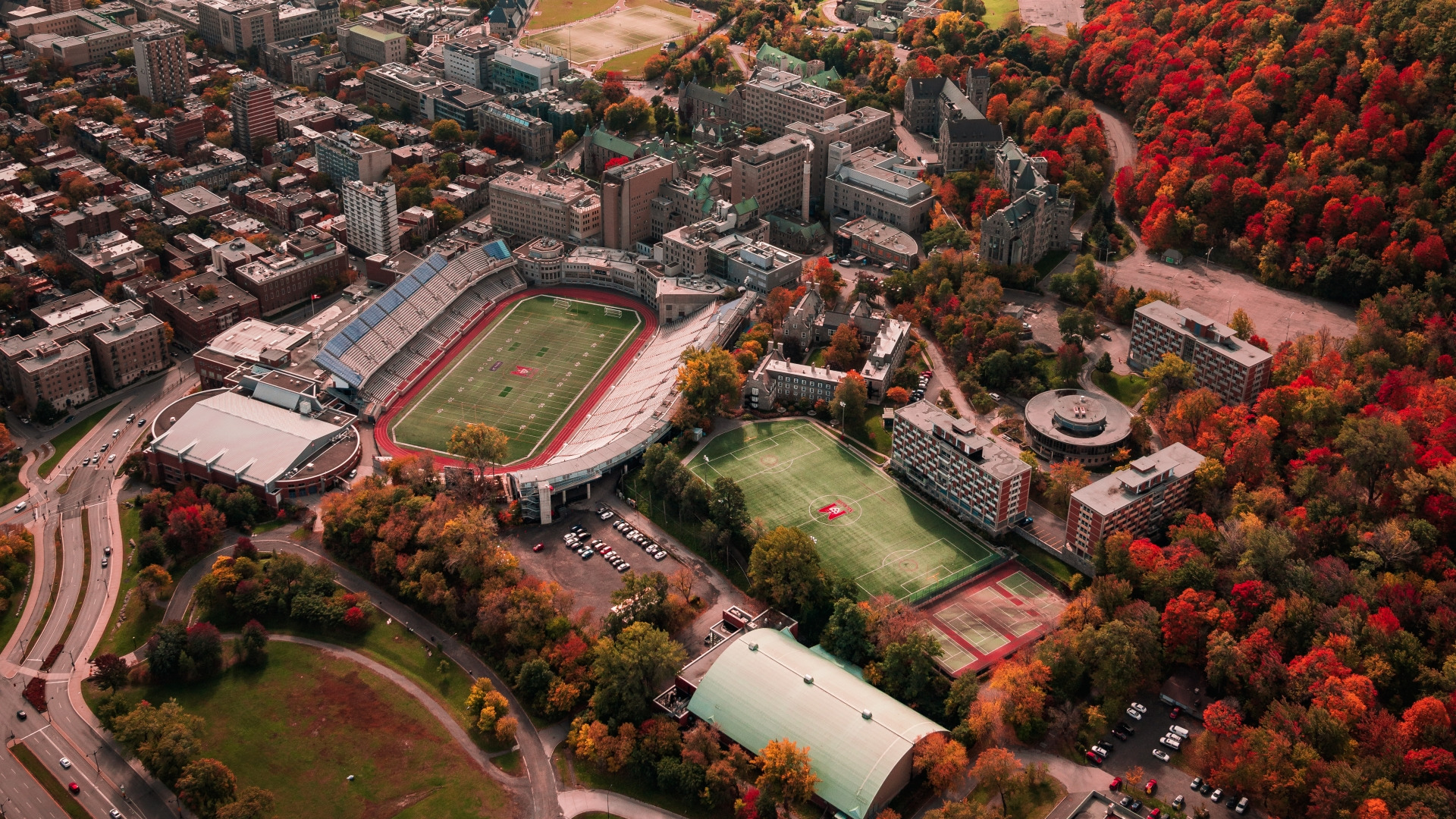 Aerial shot of Percival Molson Stadium in 2021