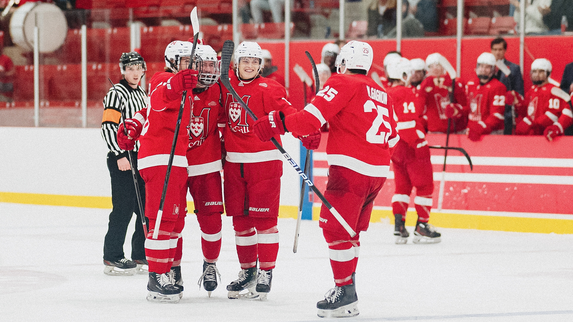 McGill hockey team celebrates a goal