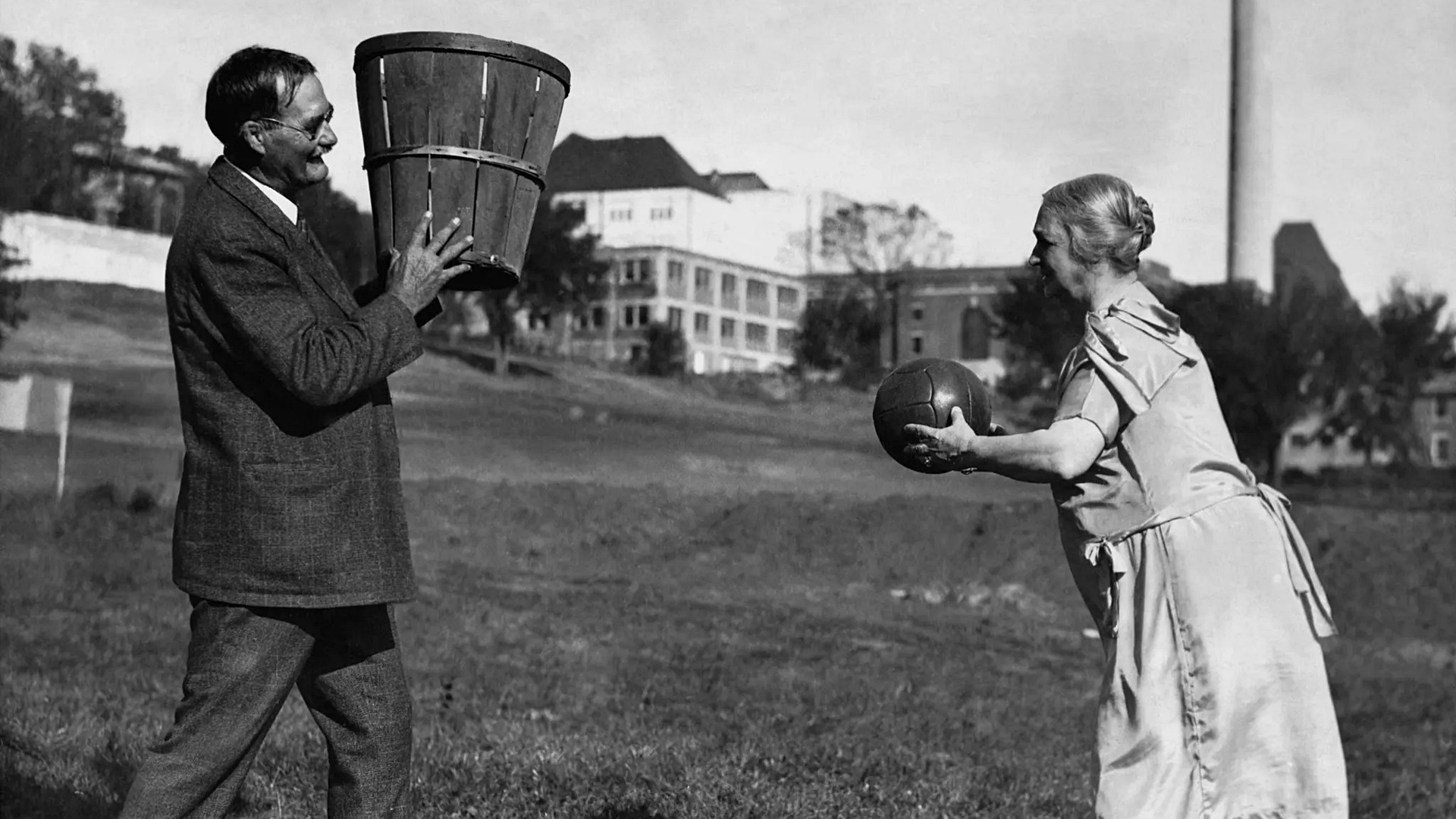 James Naismith teaching his wife on the finer points of basketball in 1928