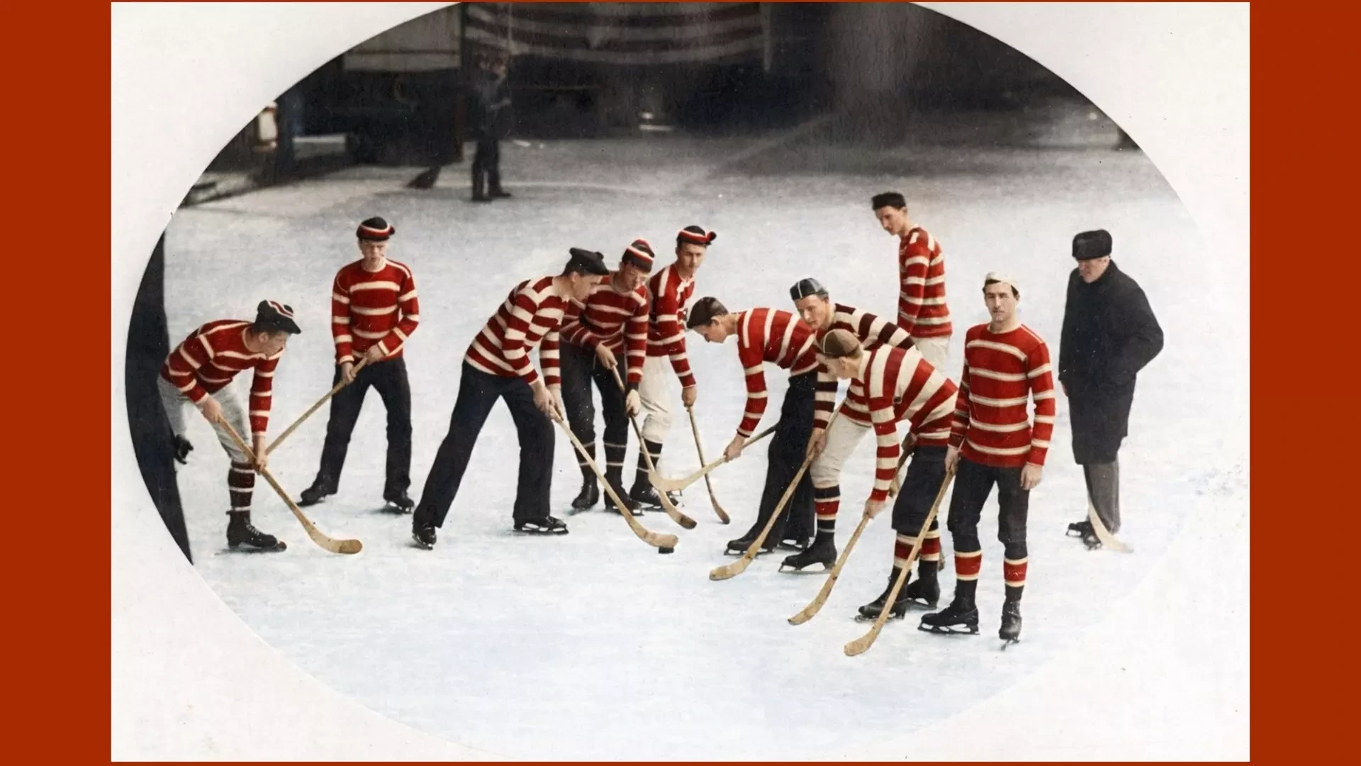 In 1881, the McGill men's hockey club posed at the Crystal Palace skating rink in Montreal, for what is recognized as the sport's first known team photo with hockey jerseys. This classic pose was snapped by George Charles Arless of Notman & Sons (COURTESY McCORD MUSEUM / COLOURIZED BY CHAT GPT)