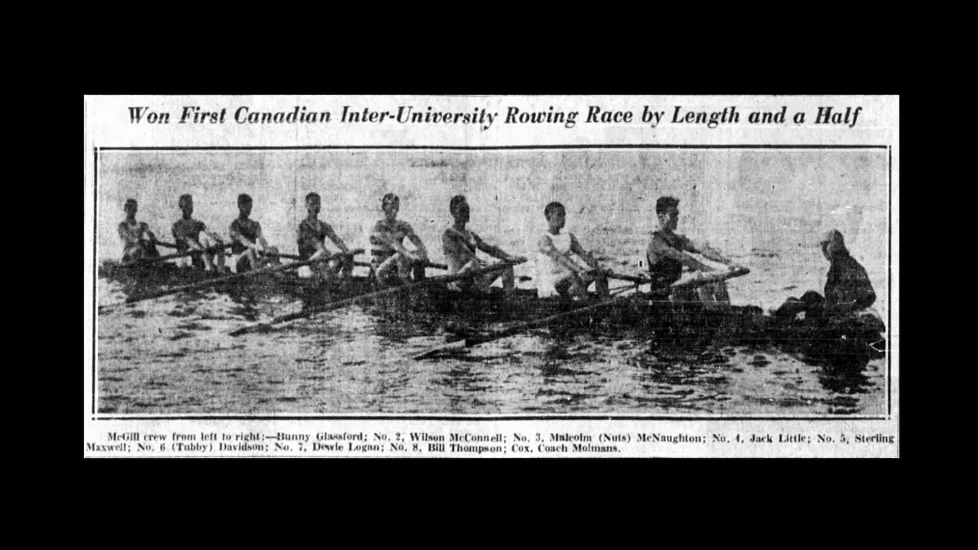 Oct. 16, 2926: McGill eight defeats Toronto to win first Canadian intercollegiate rowing championship