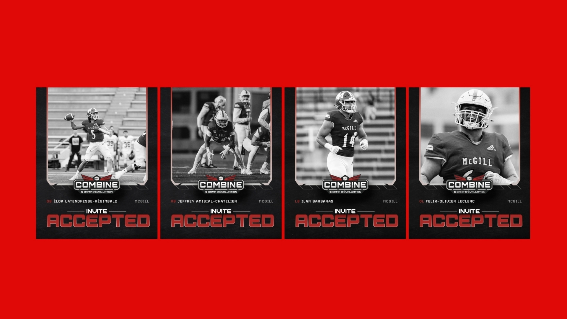 McGill football's 2026 CFL Combine invites (L to R): QB Eloa Latendresse-Regimbald, RB Jeffrey Amisial-Chatelier, LB Ilan Barbaras and OL Felix-Olivier Leclerc