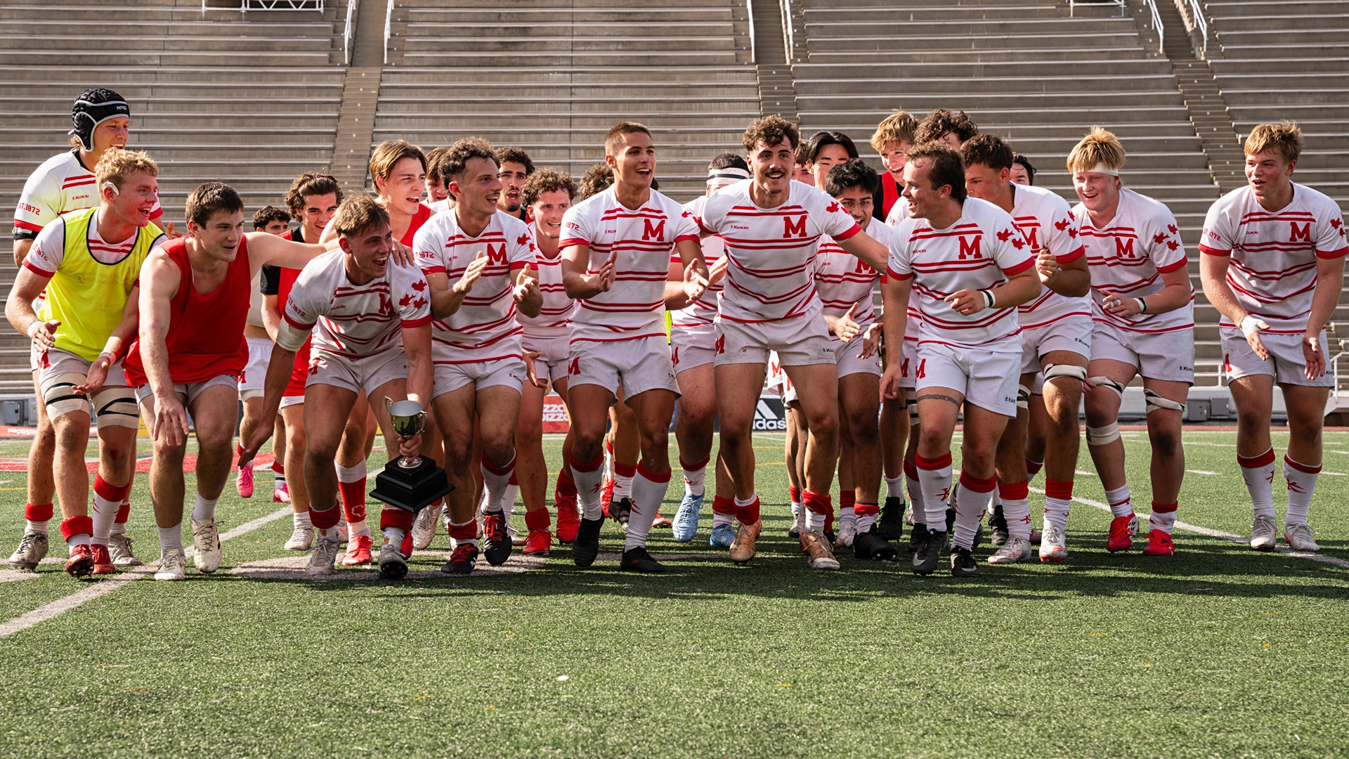 McGill Redbirds rugby squad celebrates Hardy Cup win over Concordia