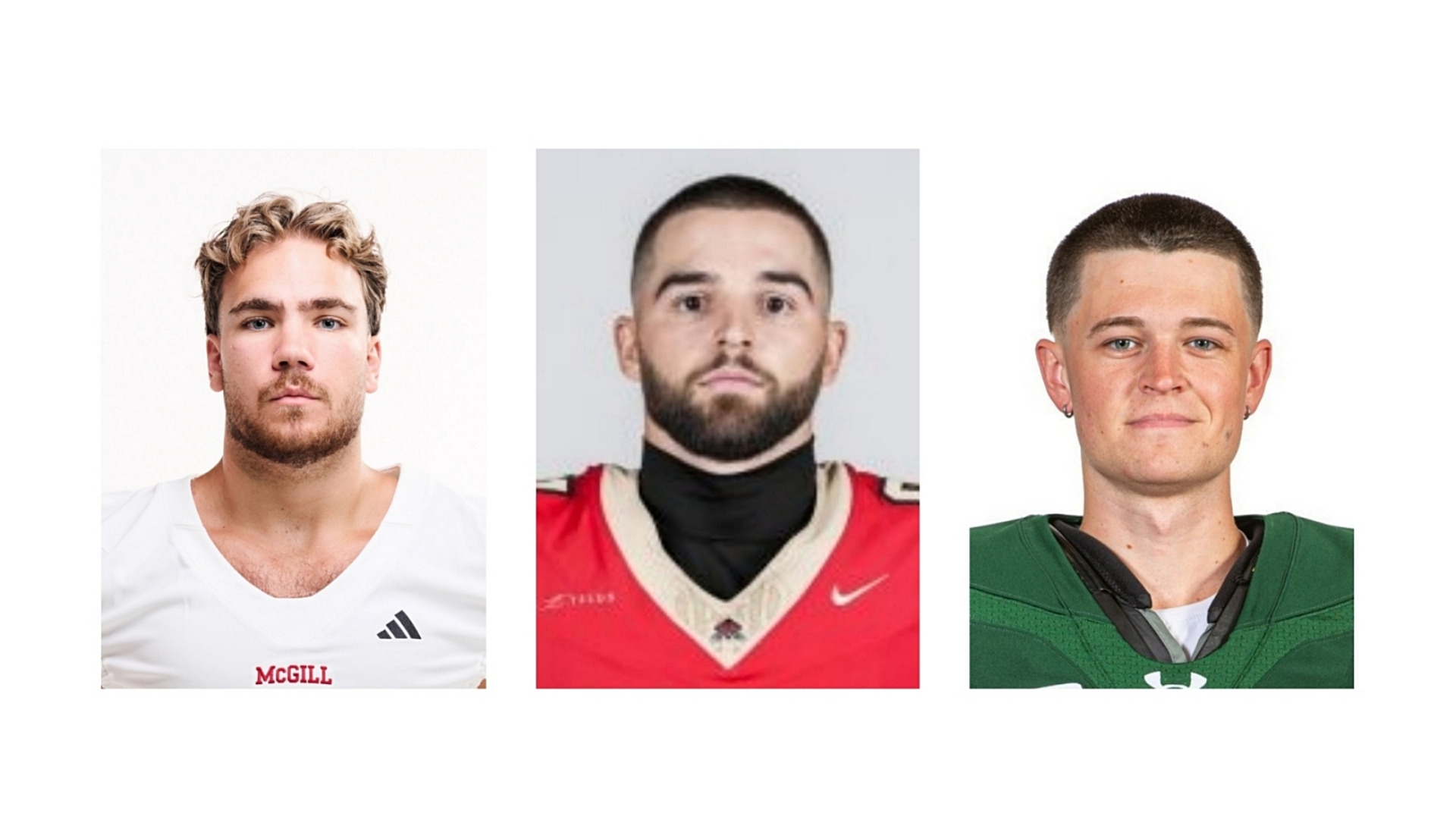 RSEQ FOOTBALL PLAYERS OF THE WEEK (L to R): McGill's Philippe Bouthot (defence), Laval's Olivier Cool (offence) and Sherbrooke’s Malcolm Whelan (special teams).