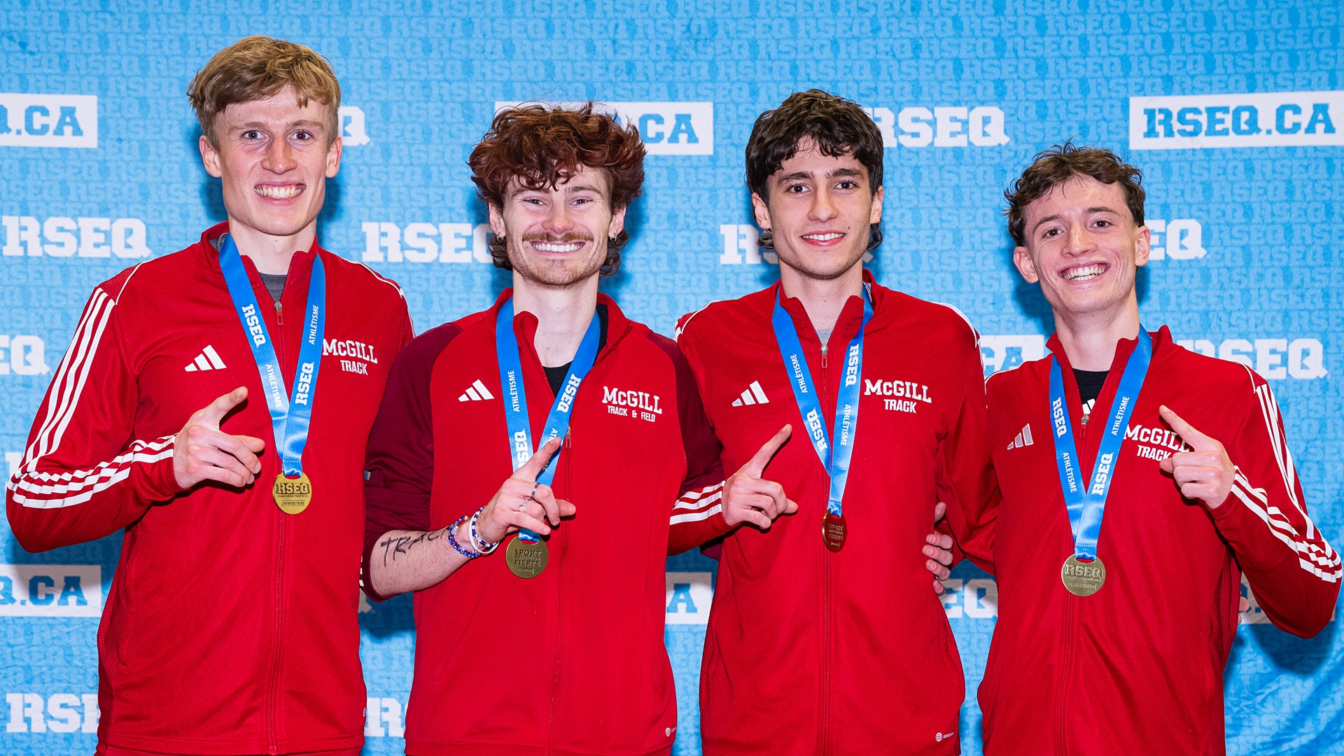 McGill’s 4x800-metre relay quartet (L to R): Samuel Hepworth, Sean Adams, Sacha Dernoncourt and Ben Gates, struck gold and broke the school record at the 2026 RSEQ championships