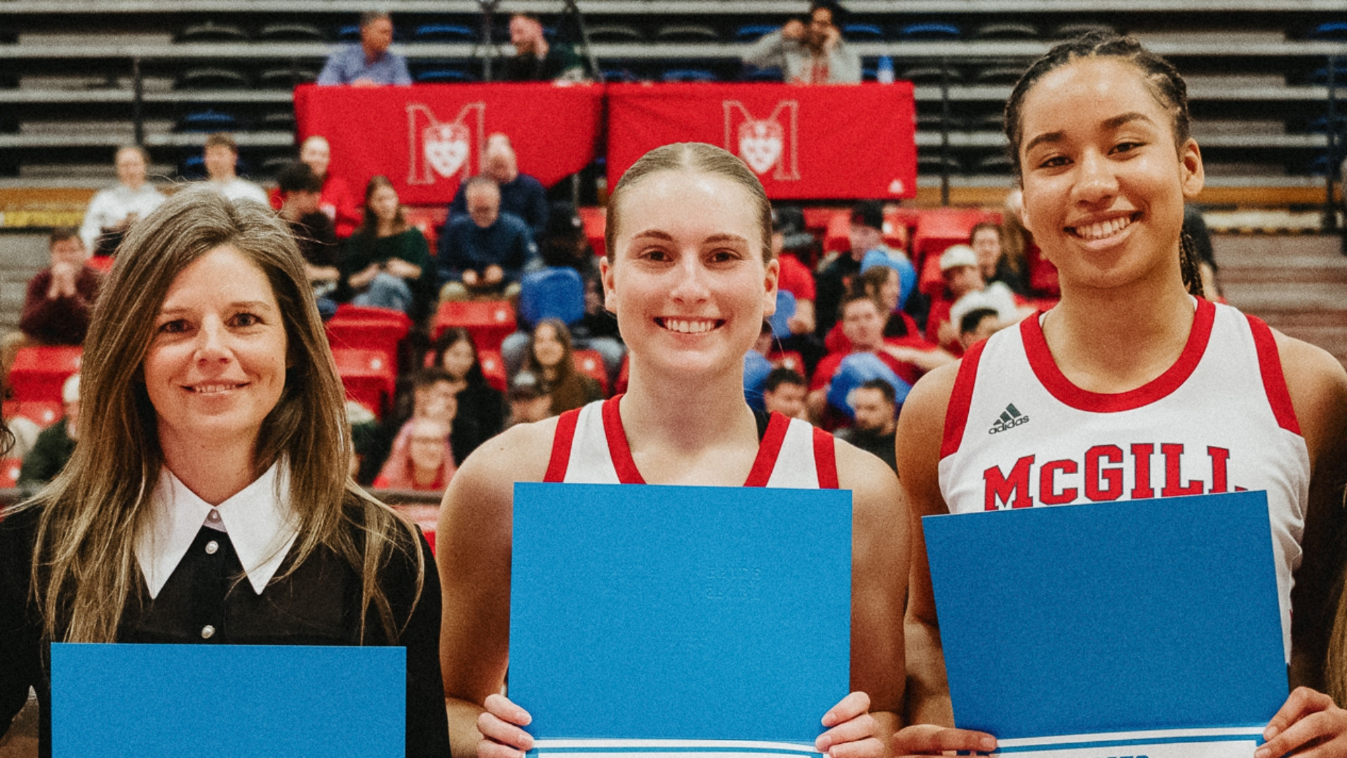 McGill women's basketball RSEQ award recipients (L to R): Rikki Bowles, Lily Rose Chatila, Emilia Diaz-Ruiz