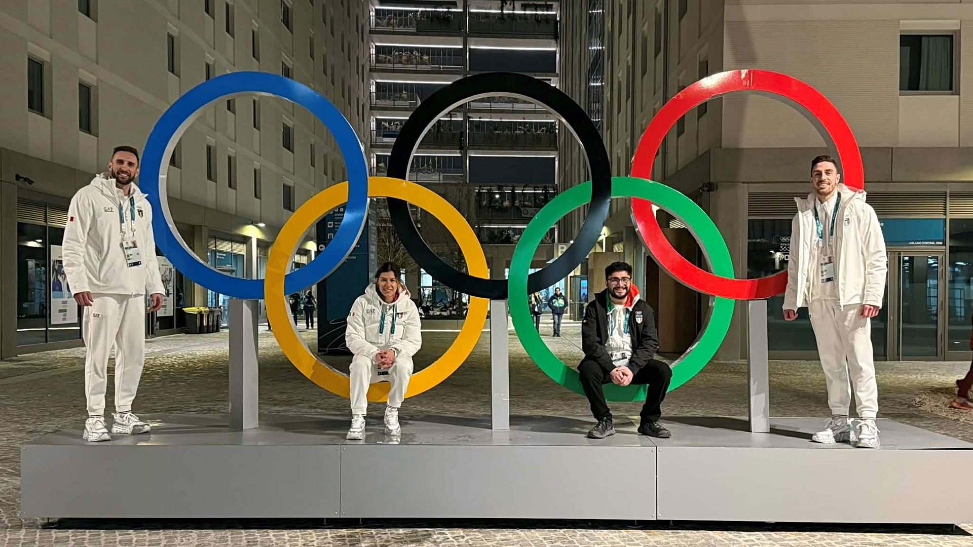 Olympic McGillians with Team Italy (L to R): Karel St-Laurent, Kayla Tutino, Mikael Nahabedian and Alexandre Tremblay