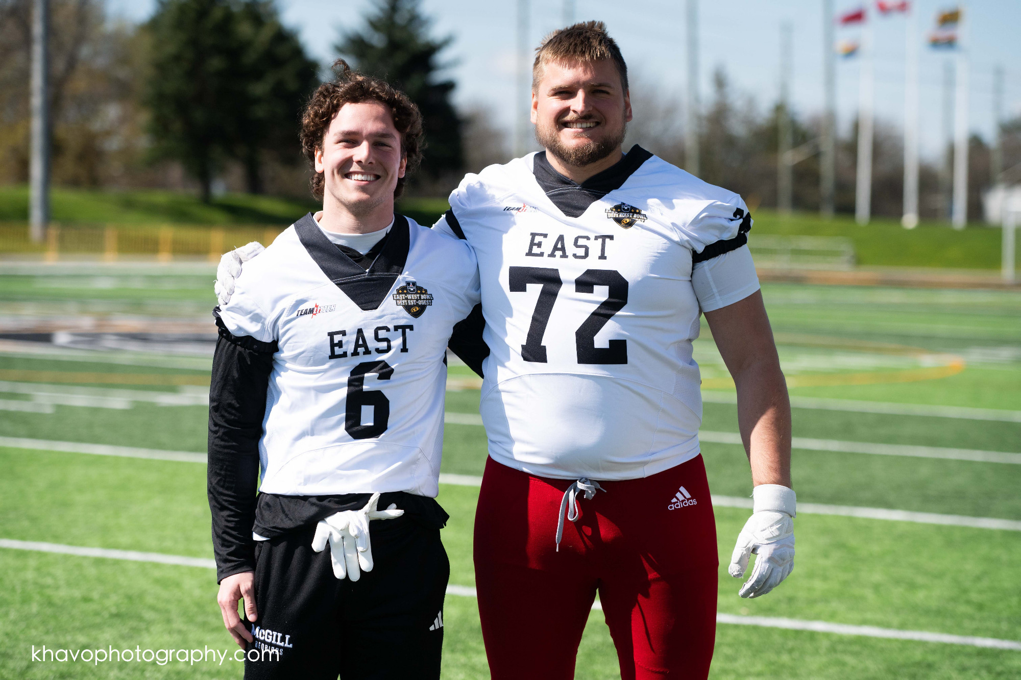McGill DB Mathis Pilon (6) and OL Louis-Gabriel Halle at 2026 East-West Bowl in Waterloo