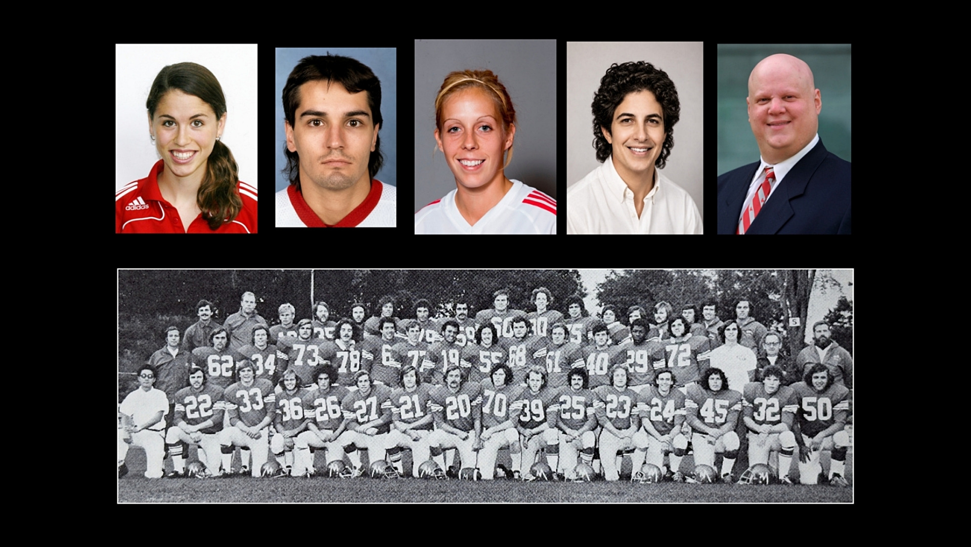 Class of 2026: (L to R): Sarah McCuaig, Mario DeBenedictis, Eloise Vandal, Lynn Bookalam, Earl Zukerman, 1973 McGill football team