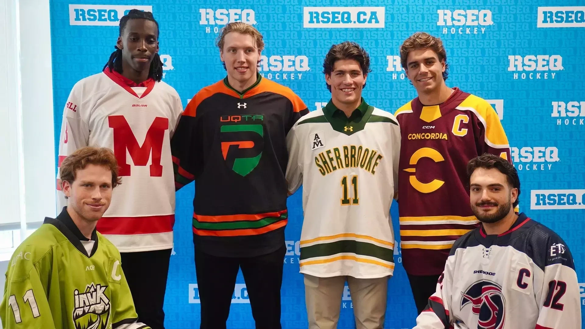 McGill's Igor Mburanumwe (back left) with fellow players representing the new RSEQ men's hockey league