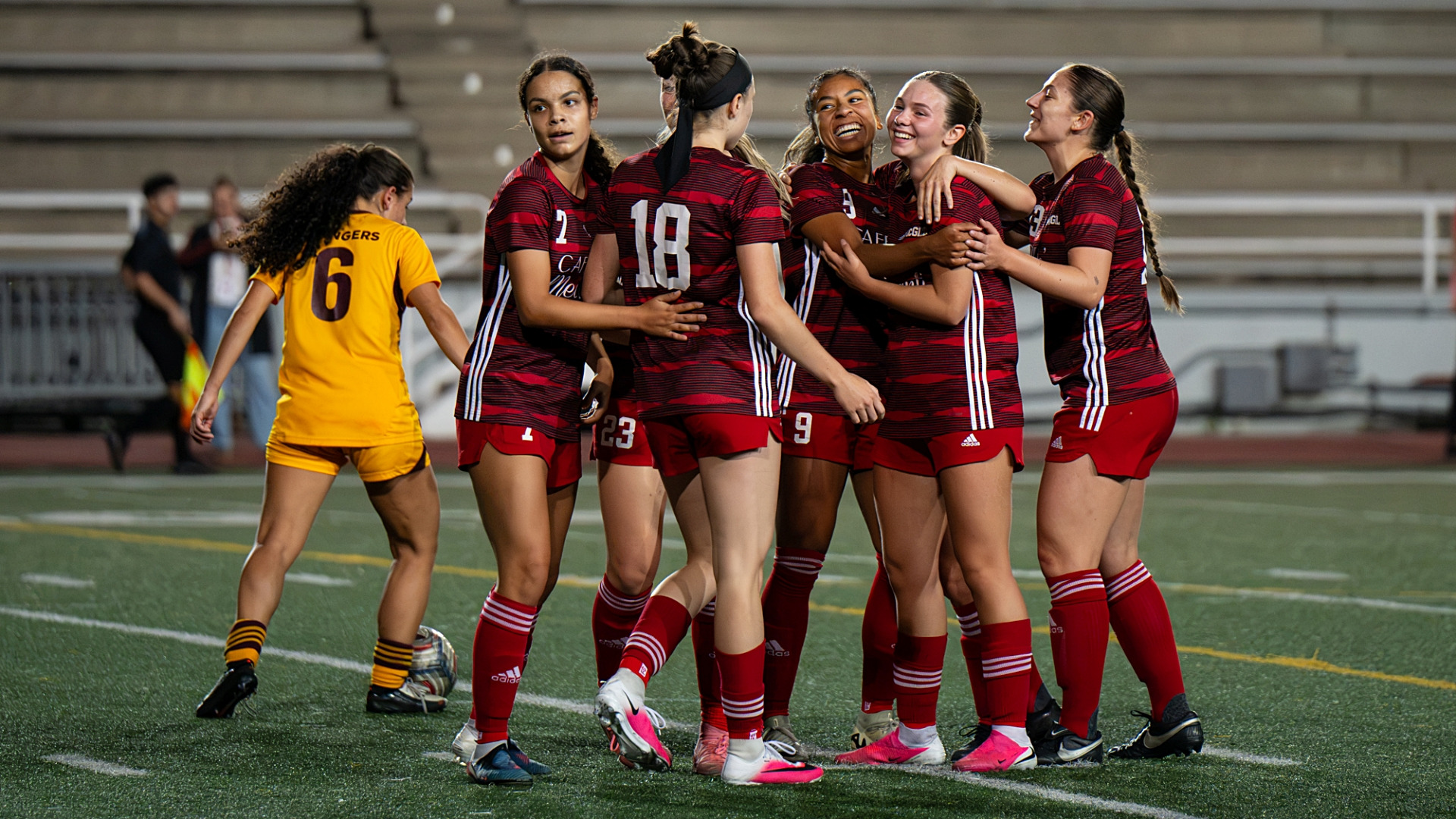 (Goal celebration (L to R): Harper Nelson (7), Estella Irvine (18), Zahra Metivier (9), Poppy Honeybone and Amelie Beaudet-Gaudette (13).