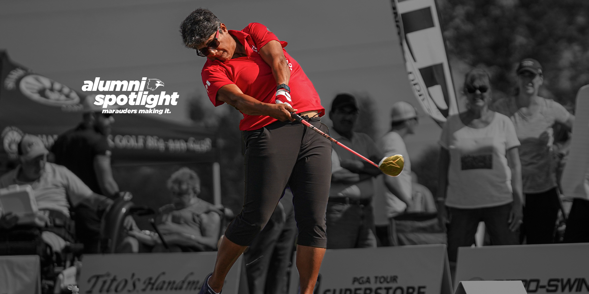 Fareen Samji hits a ball in long drive competition.