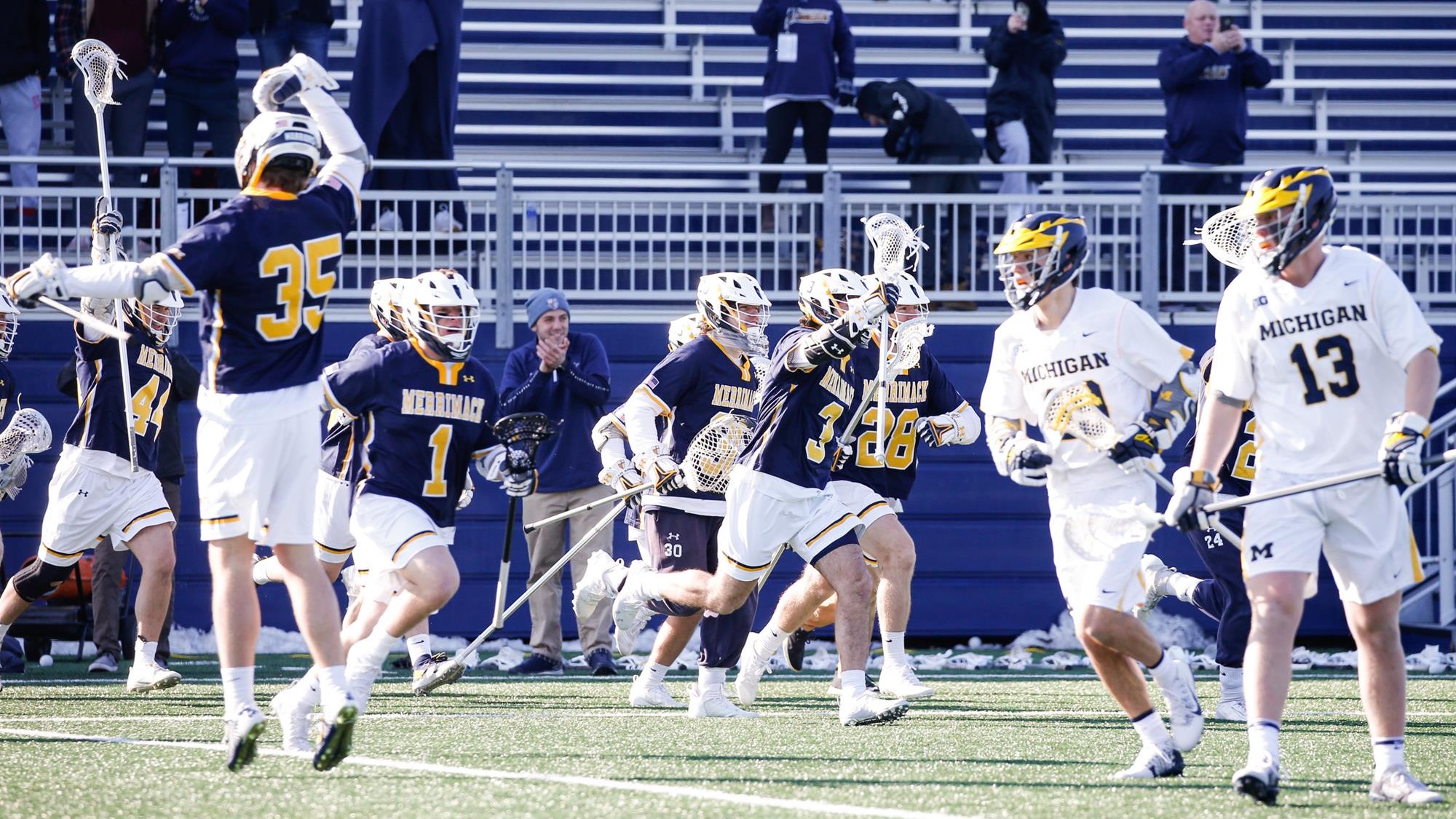 Men’s Lacrosse Shocks Michigan for First Division I Win Merrimack