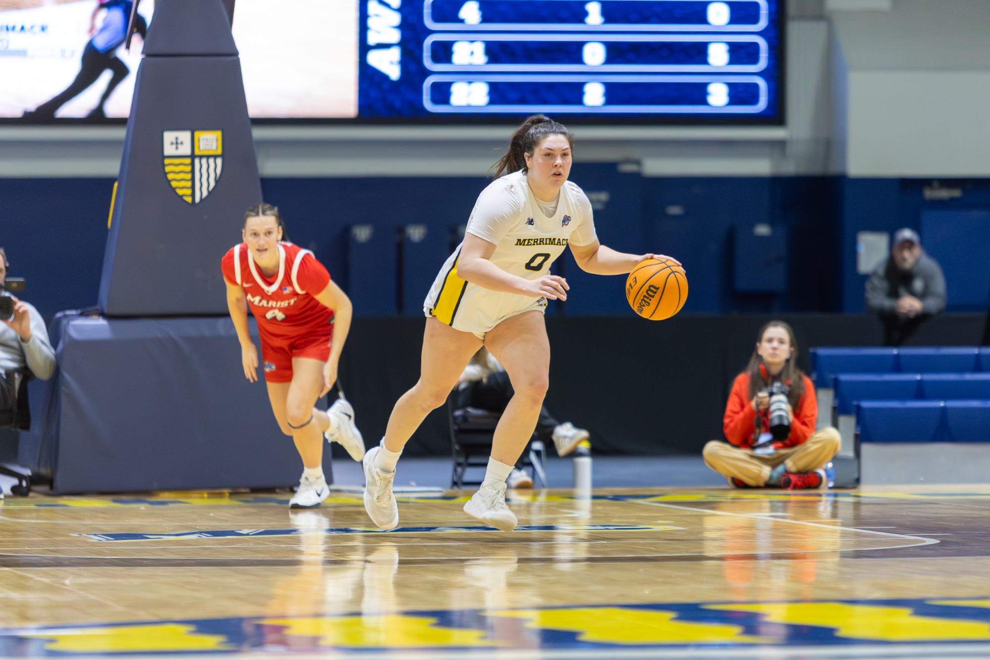 Merrimack College forward #0 Madison Roman dribbles up the court during a women’s basketball game vs. Marist University at Lawler Arena on January 8th, 2026. Shot by Robert Sica.