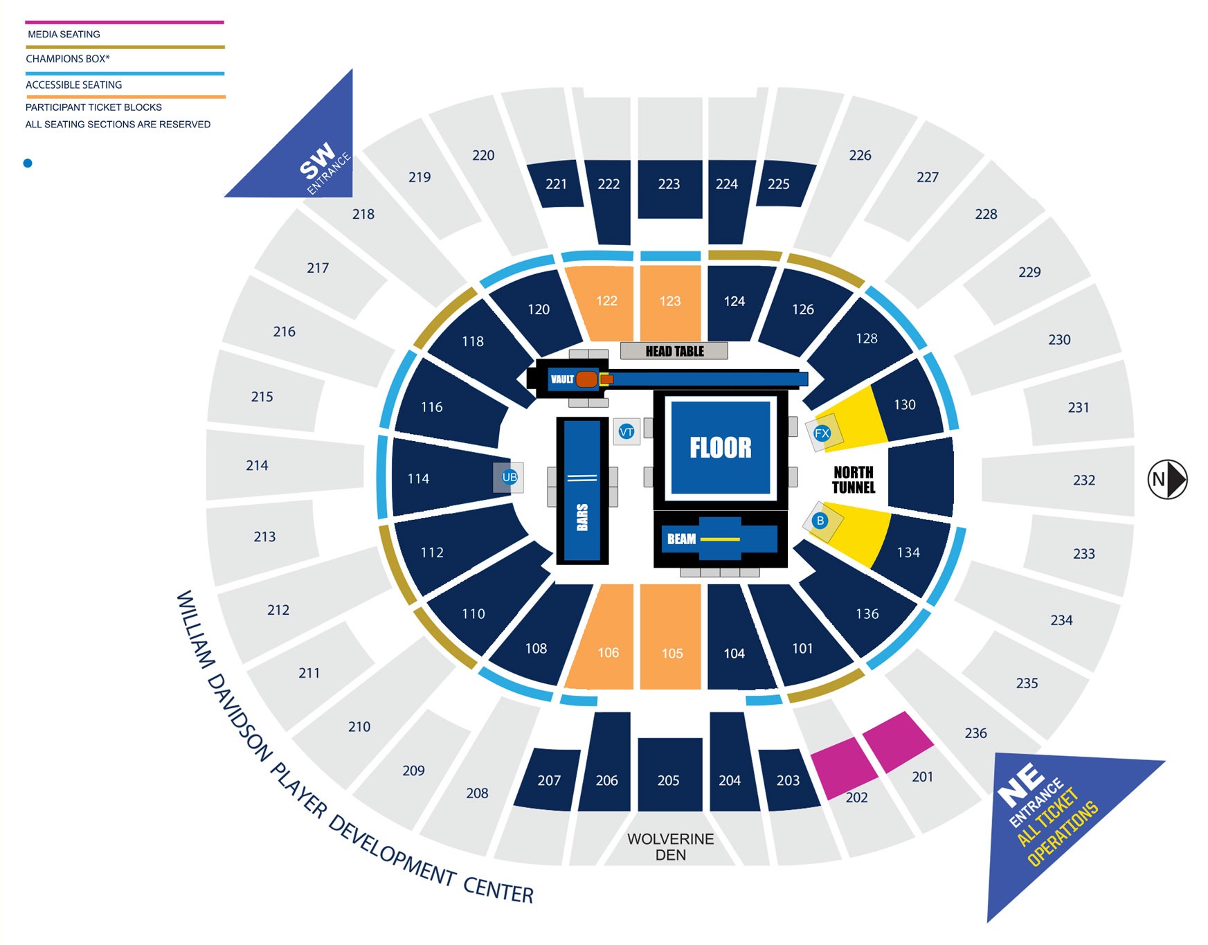 Crisler Center Map for 2025 Big Ten Women's Gymnastics Championships