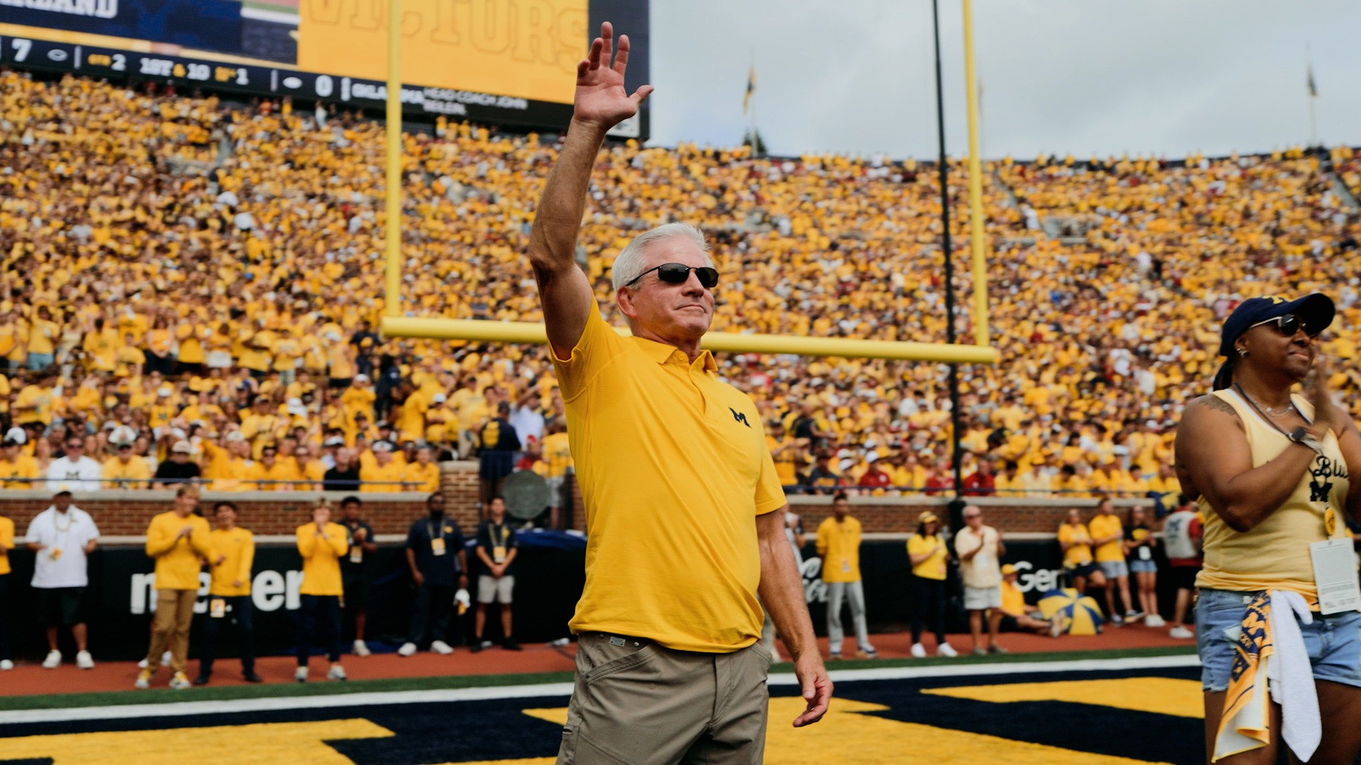 Joe McFarland during the 2026 Michigan Athletics Hall of Honor recognition at Michigan Stadium