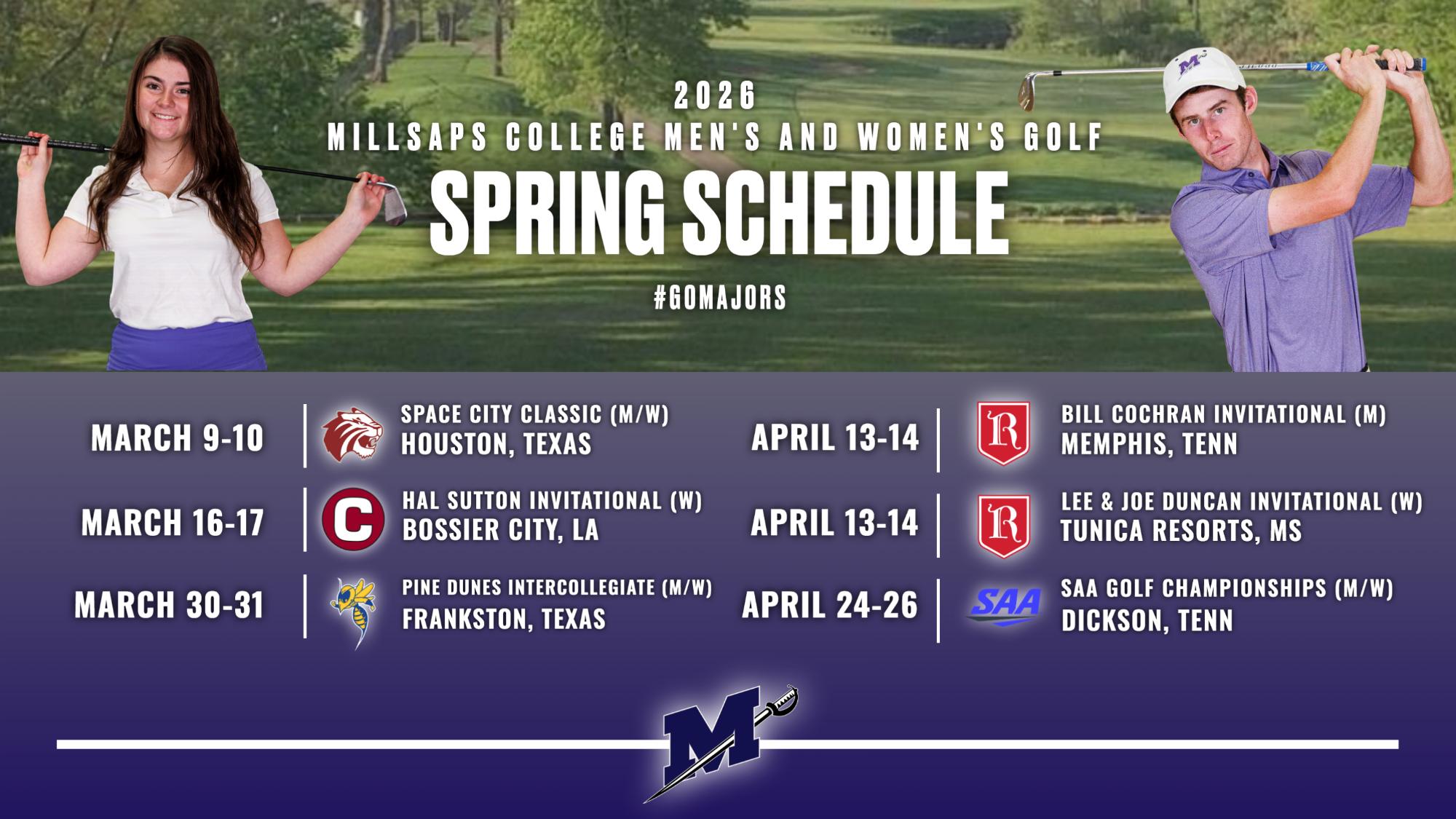 2026 Spring Men's and Women's Golf Schedule Graphic