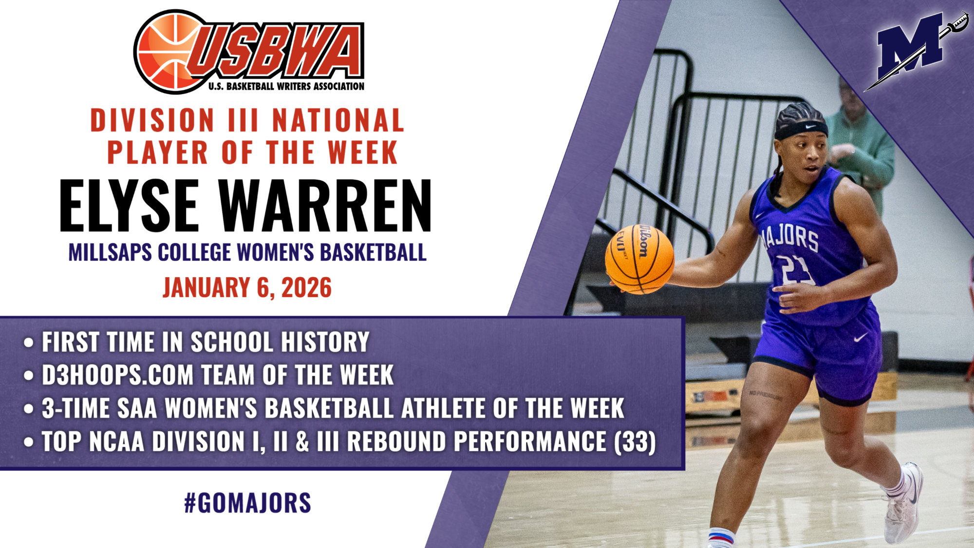 Elyse Warren USBWA Division III Player of the Week Graphic 1-5-26