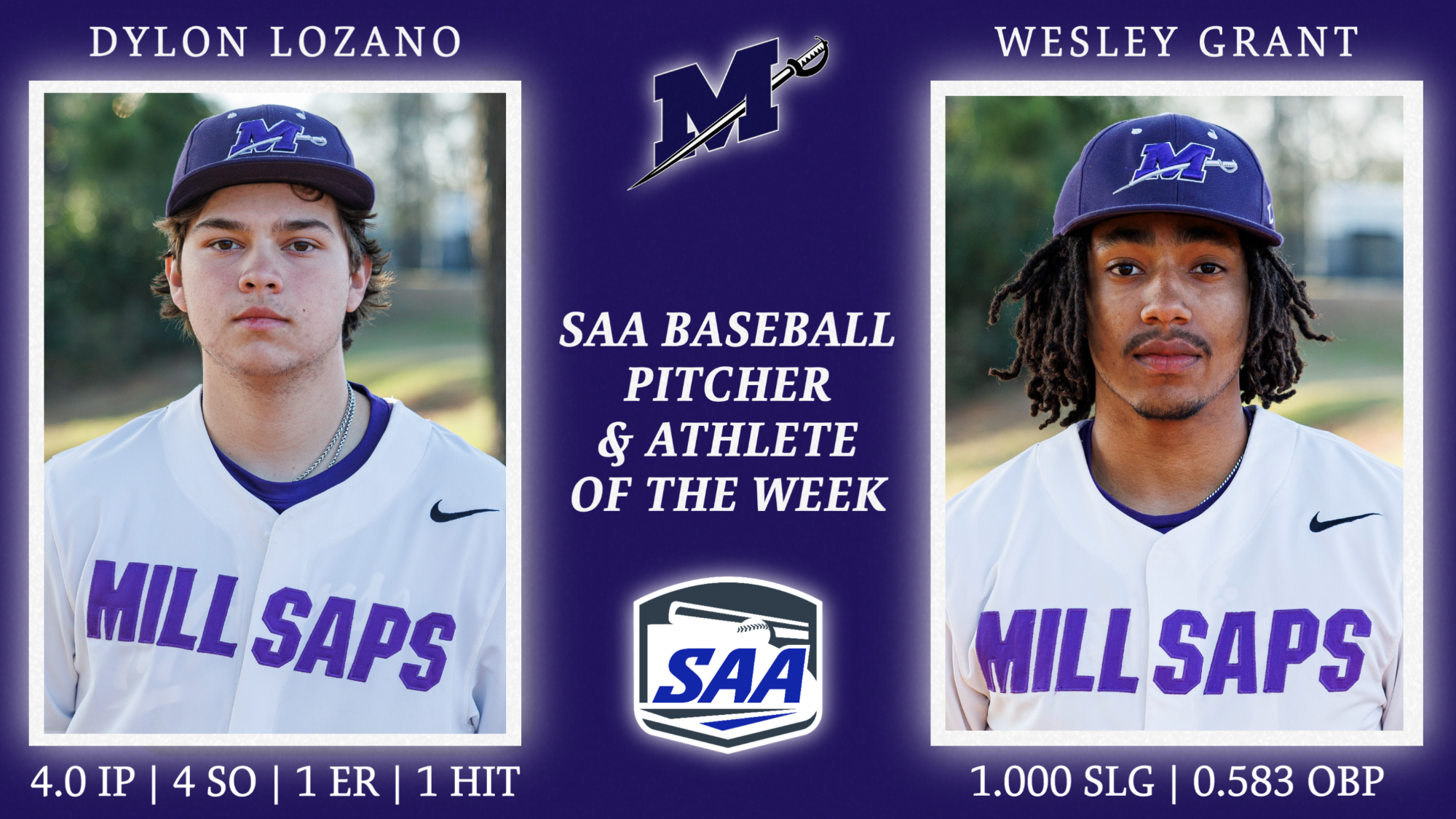 Dylon Lozano & Wesley Grant SAA Baseball Athletes of the Week Graphic 2-9-26