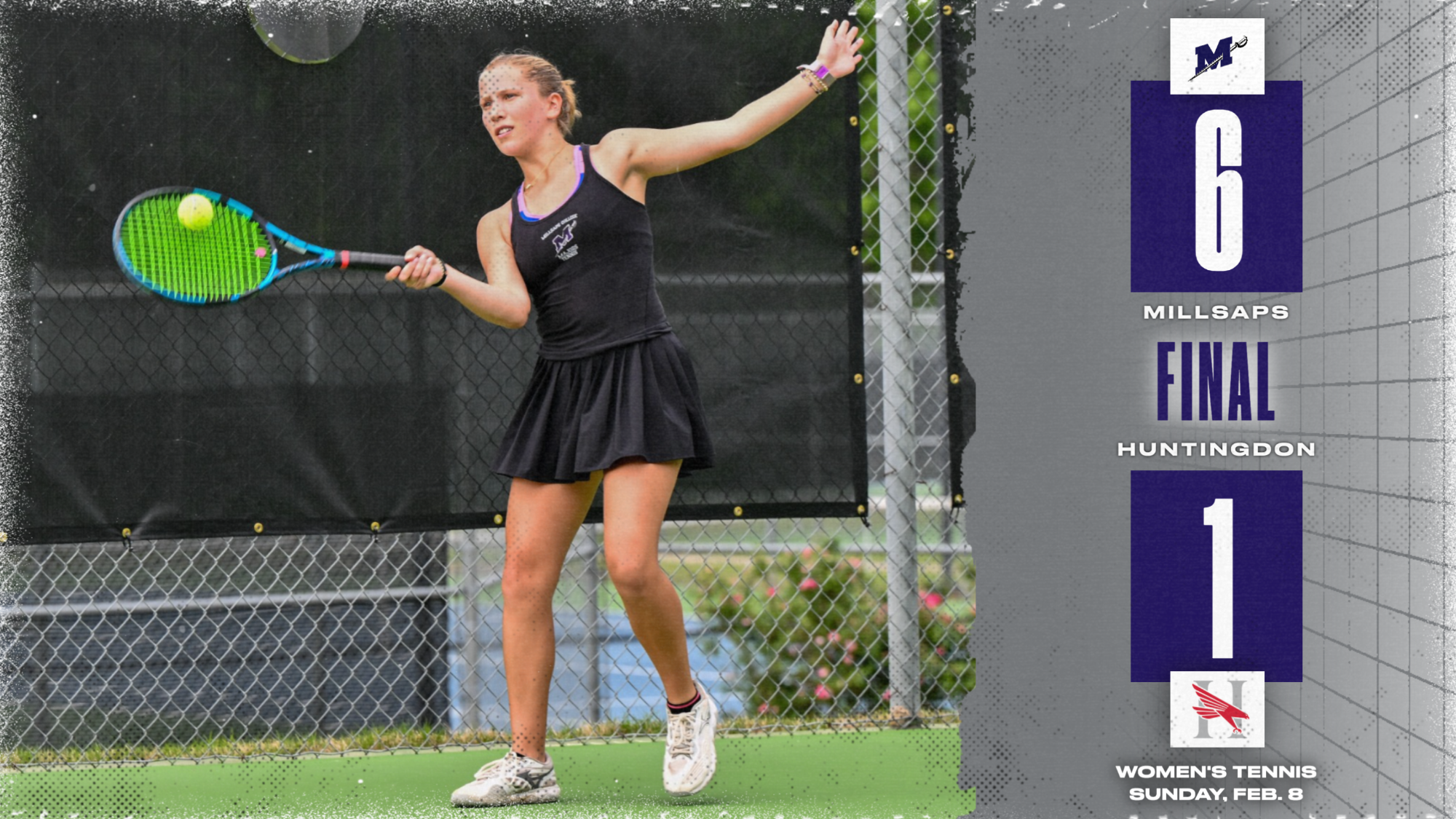 Millsaps Women's Tennis Final Score Graphic at Huntingdon 2-8-26
