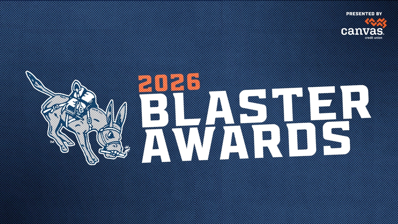 2026 Blaster Awards title slide with Mines' Blaster logo on the left and the Canvas Credit Union logo top right