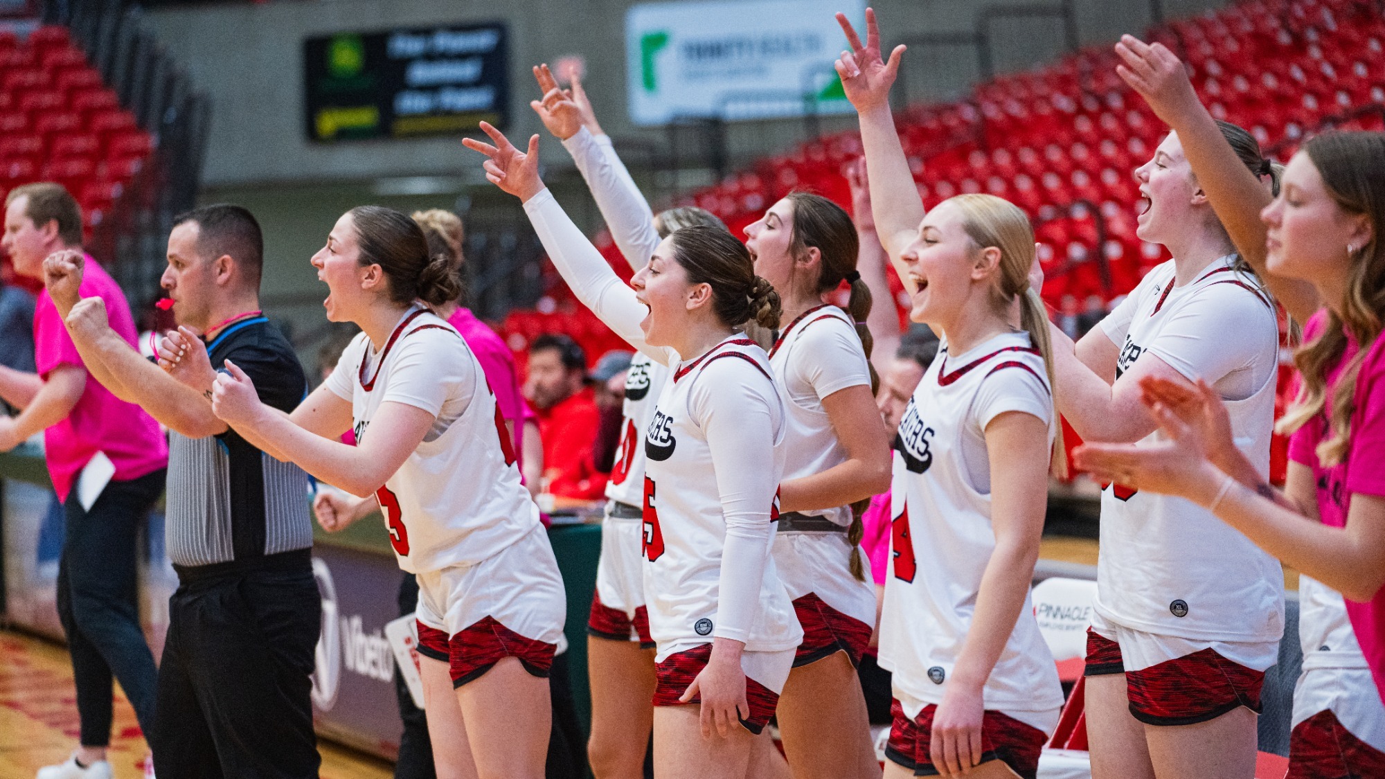 Minot State women basketball celebrates basket