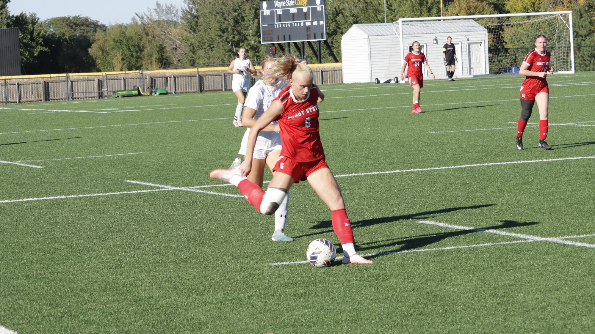 Linnea Svenzén kicks the ball at Wayne State