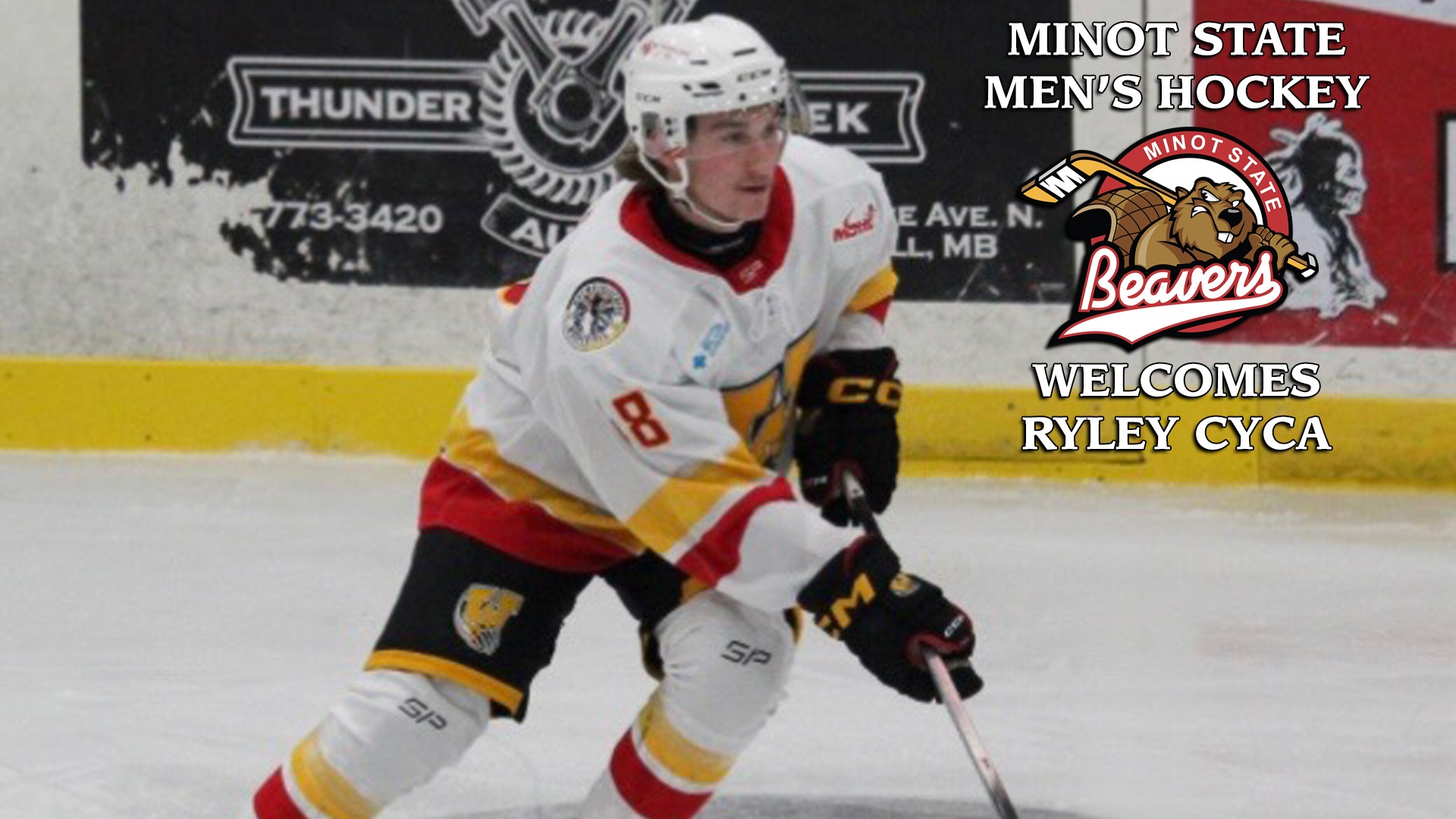 Minot Statem men's hockey new recruit Ryley Cyca in action