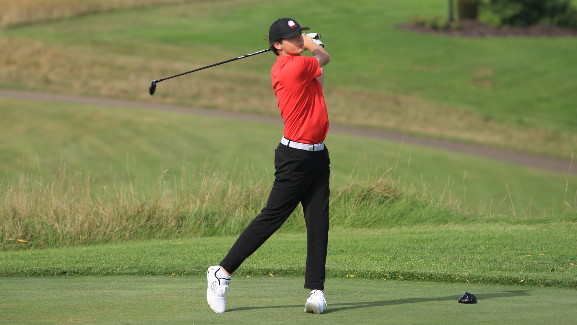 Kasen Rostad hits from the tee at the MSU/CSP Fall Brawl