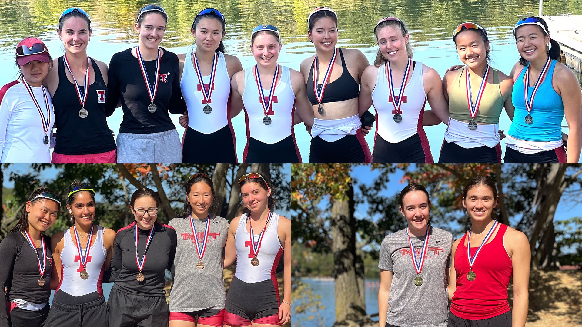Women's lightweight crew celebrates with medals on the riverside