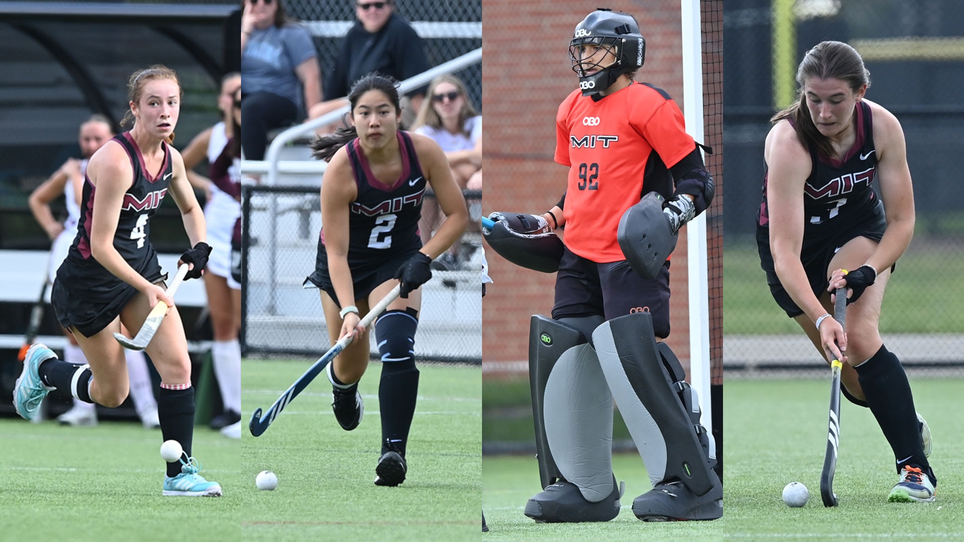 A graphic featuring action photos of Bailey McIntyre, Audrey Oh, Maeve Zimmer, and Drew Hussar