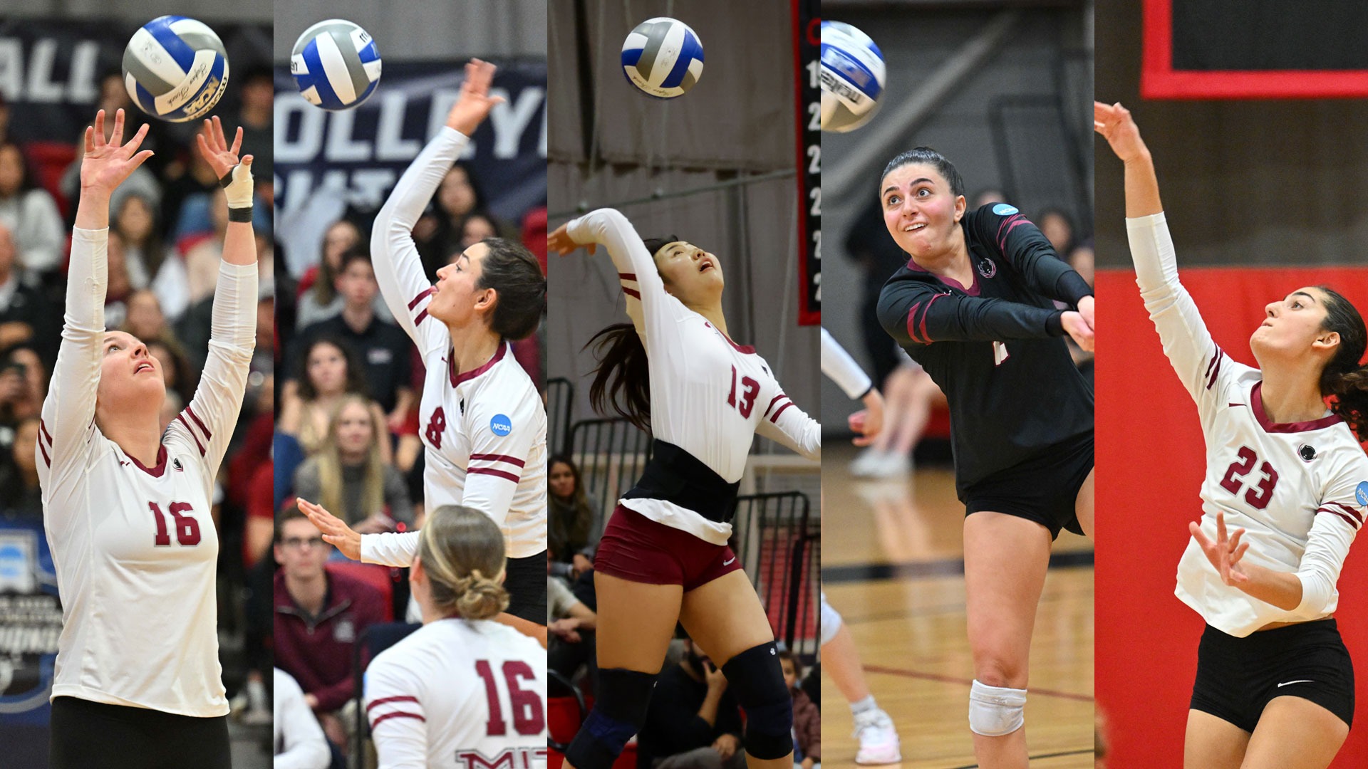 A graphic featuring action photos of Kayleigh May, Ali Gibbs, Ella Zhou, Daphne Gavros, and Eileen Sadati