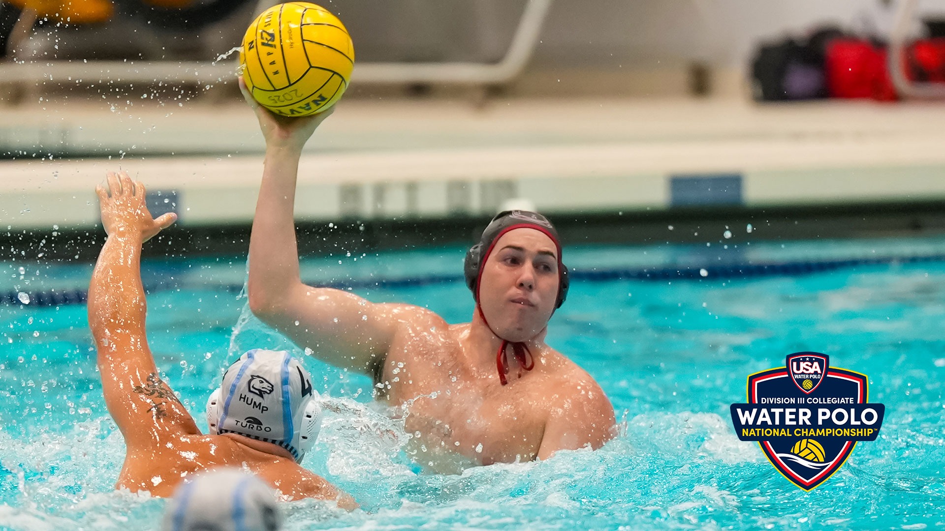 An action shot of Andras Beleznay with the USA Water Polo DIII Championship logo