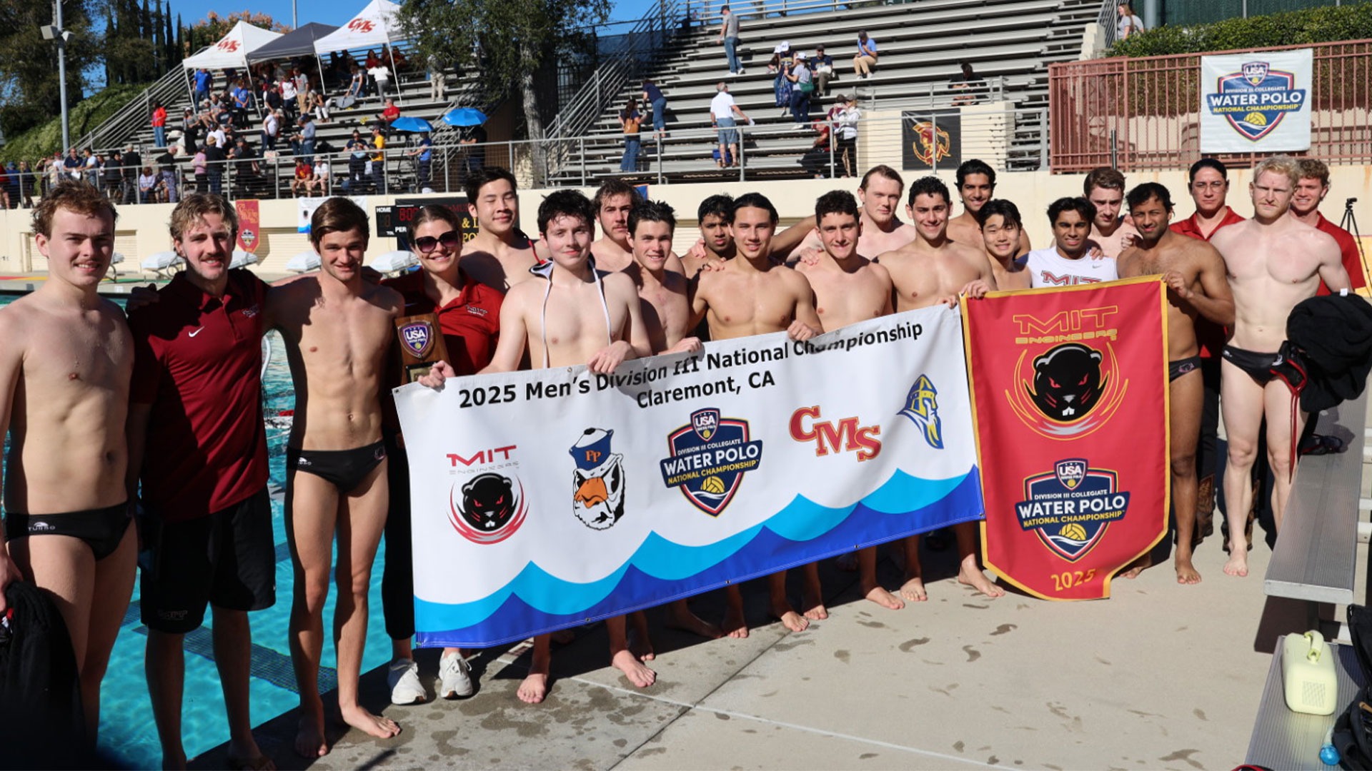 The MIT water polo team holding up the banner at the USA Water Polo Championship 