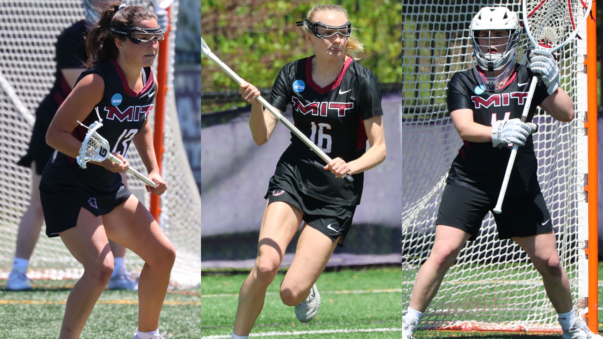 A graphic featuring action photos of Gwen Flusche, Ashley Thomas, and Pauline Vien playing lacrosse