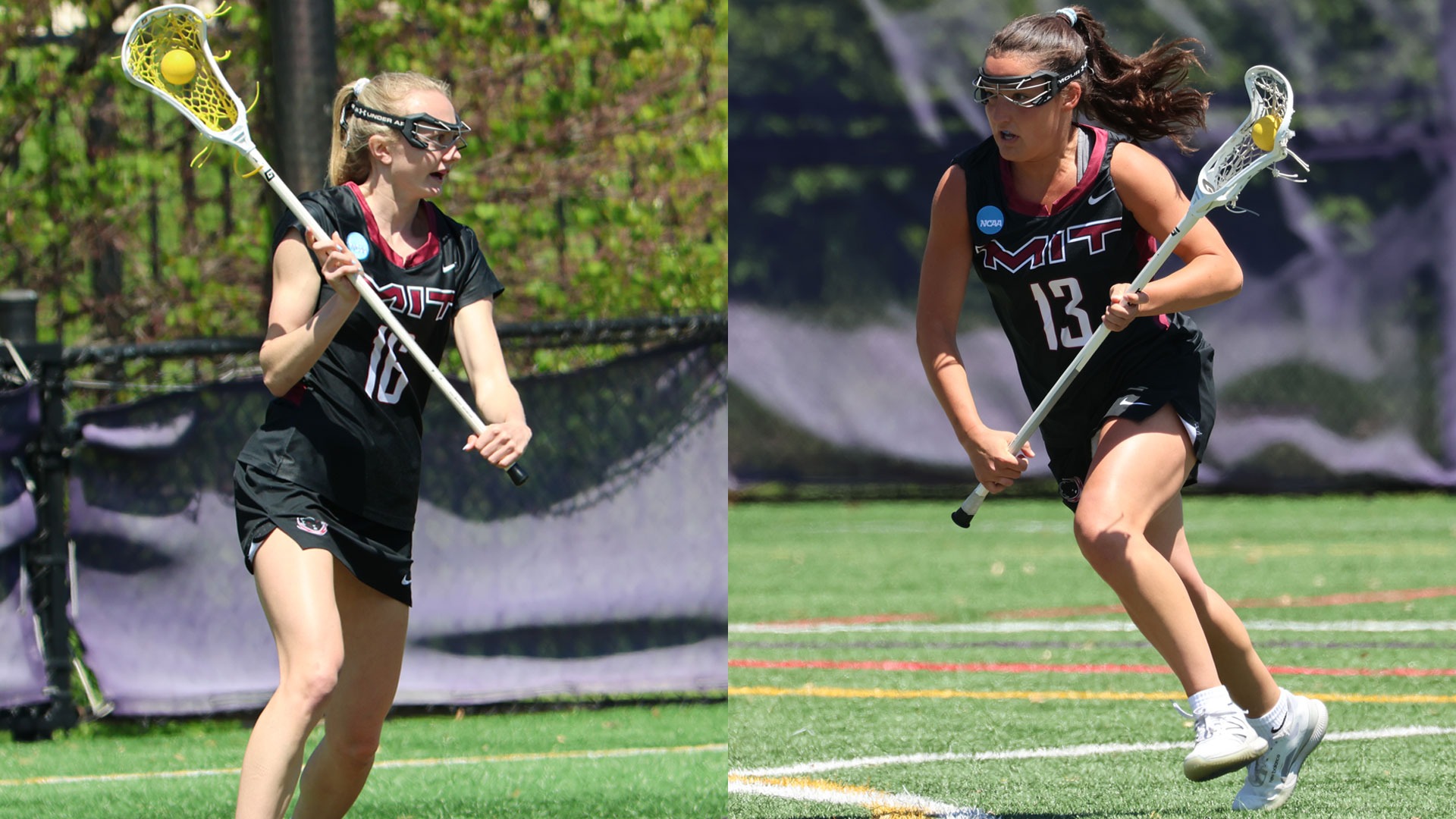 A graphic featuring action photos of Ashley Thomas and Gwen Flusche playing lacrosse