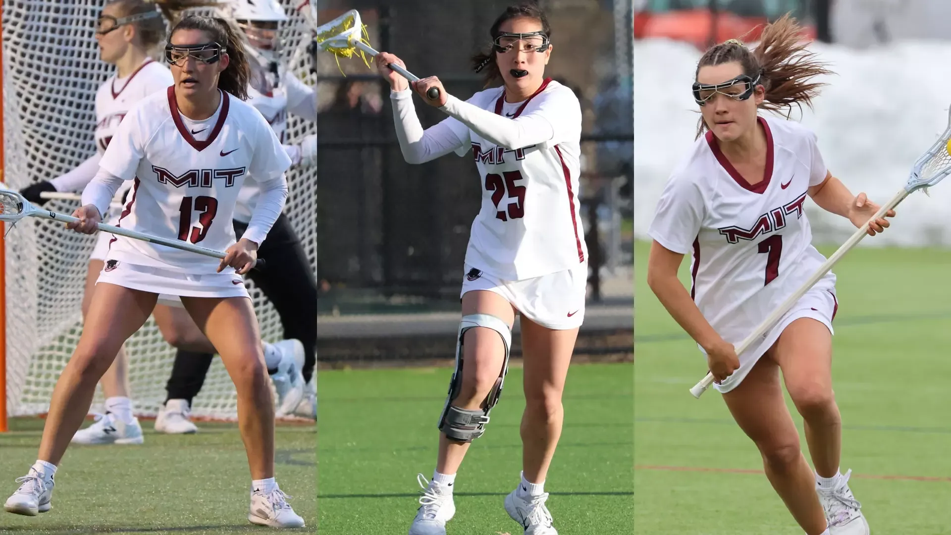 Action photos of Gwen Flusche, Sydney Pyon, and Julianne Flusche playing lacrosse