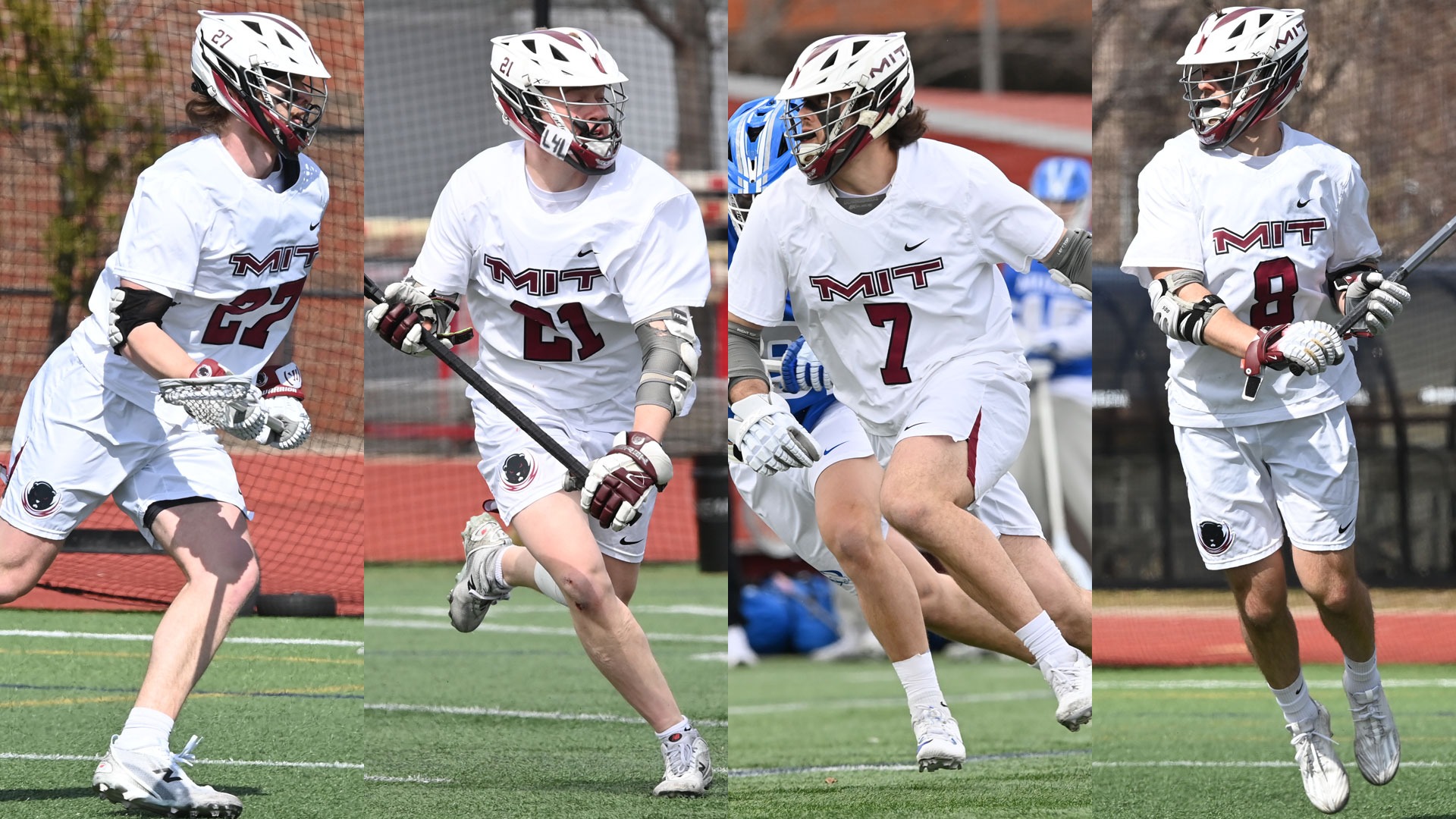 Action photos of Brennan Hoppa, Garrett Campagna, Zach Bleil, and Nick Stiles playing lacrosse