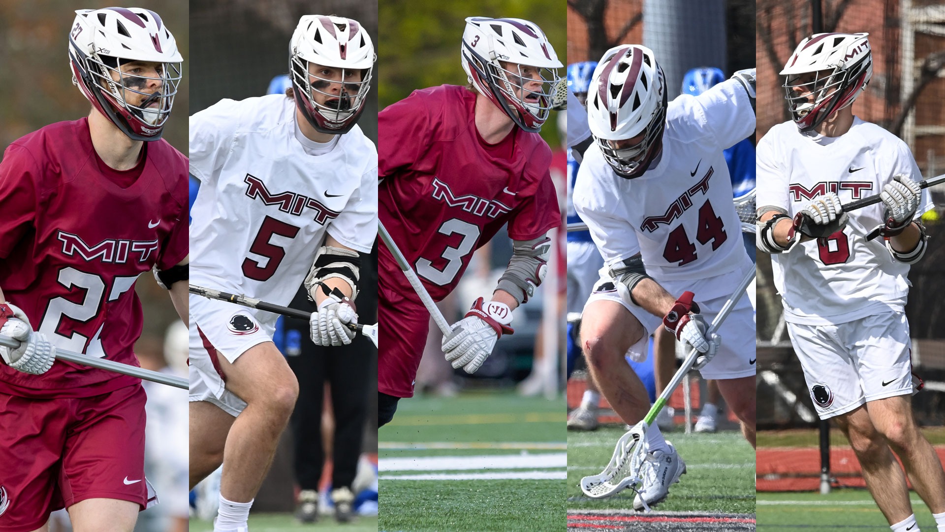 A graphic featuring photos of Brennan Hoppa, Dylan Nelson, Andrew Palleiko, Patrick Timons, and Nick Stiles playing lacrosse