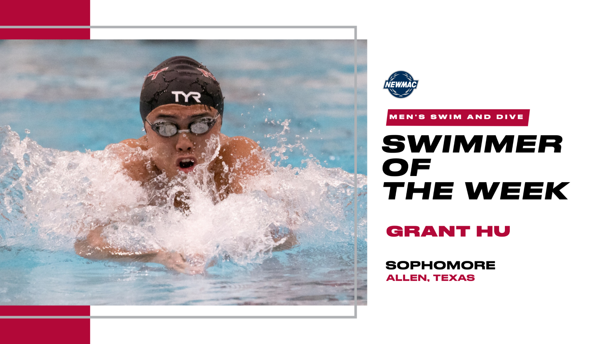 A graphic with an action shot of Grant Hu for NEWMAC Swimmer of the Week
