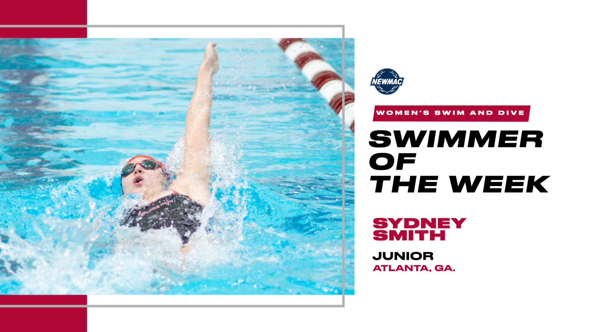 A graphic with an action photo of Sydney Smith for NEWMAC Athlete of the Week