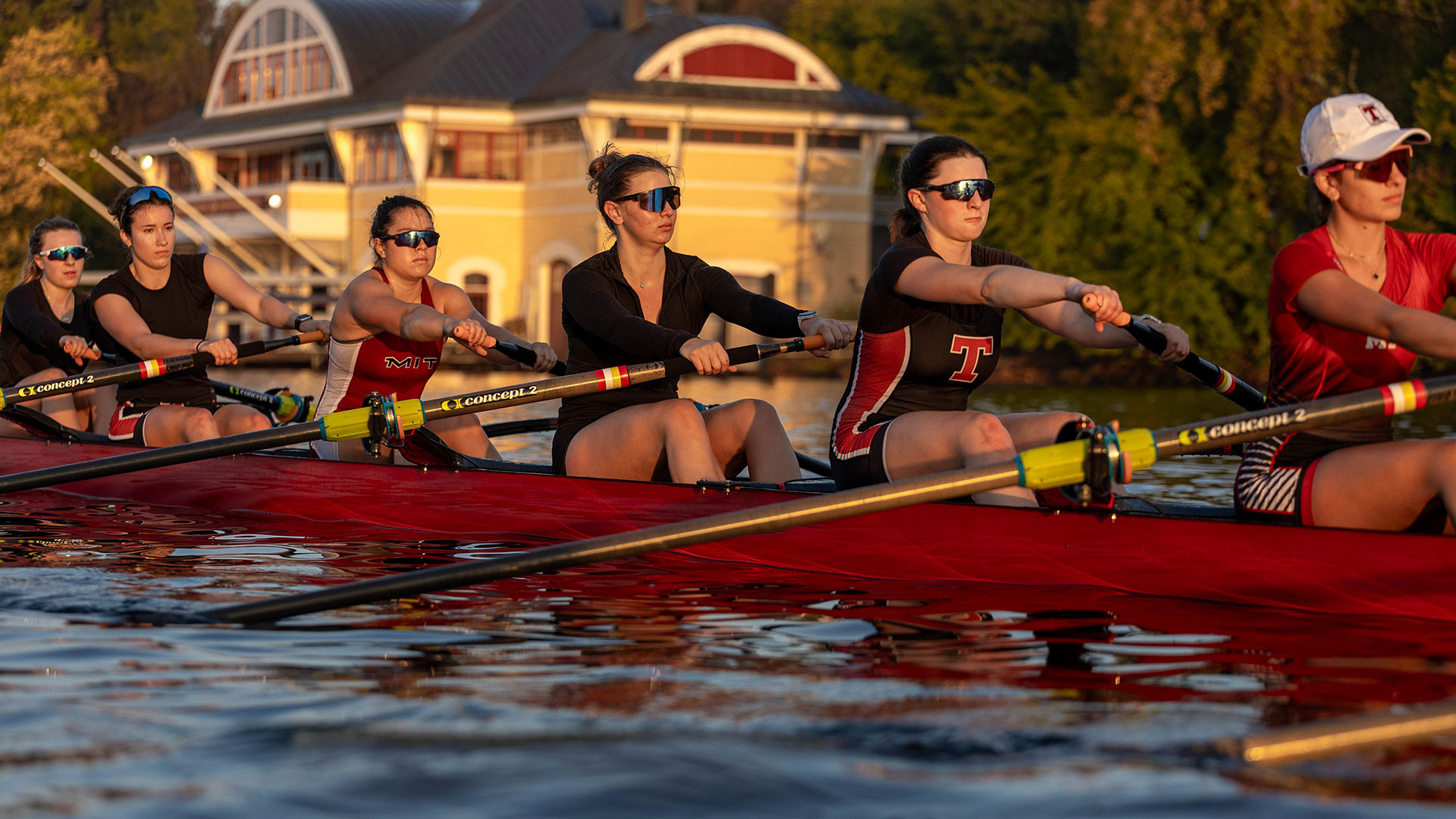 MIT women's openweight varsity eight rowing on the Charles River
